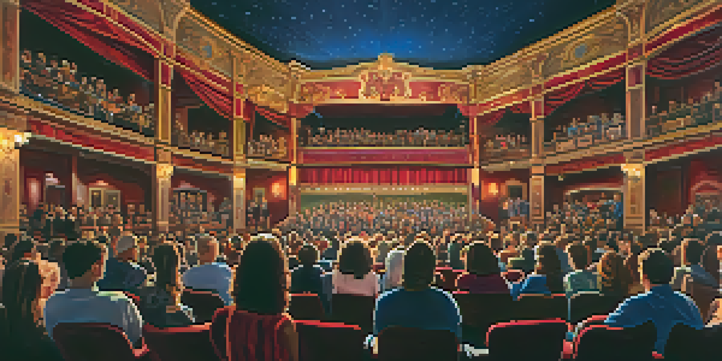 A lively local theater with a diverse audience enjoying a performance on stage, illuminated by warm lighting.