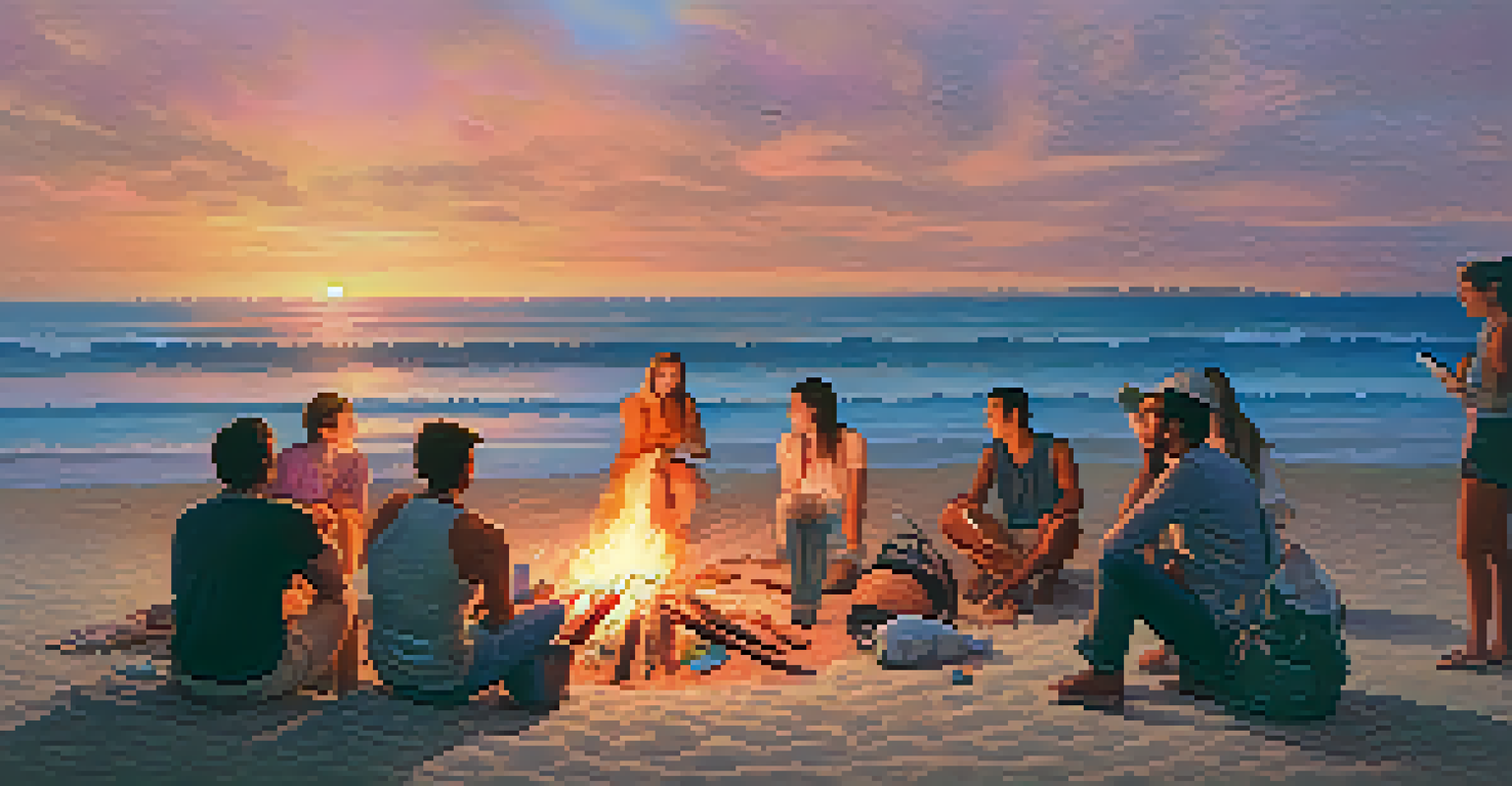 Friends gathered around a bonfire at sunset after a beach cleanup, with bags of trash nearby.