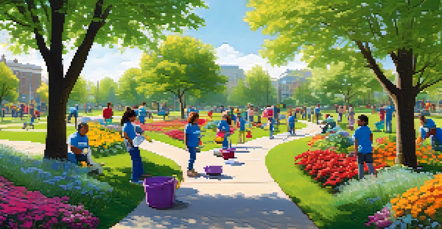 Volunteers working together in a park cleanup, planting flowers and cleaning up debris in a vibrant green park.