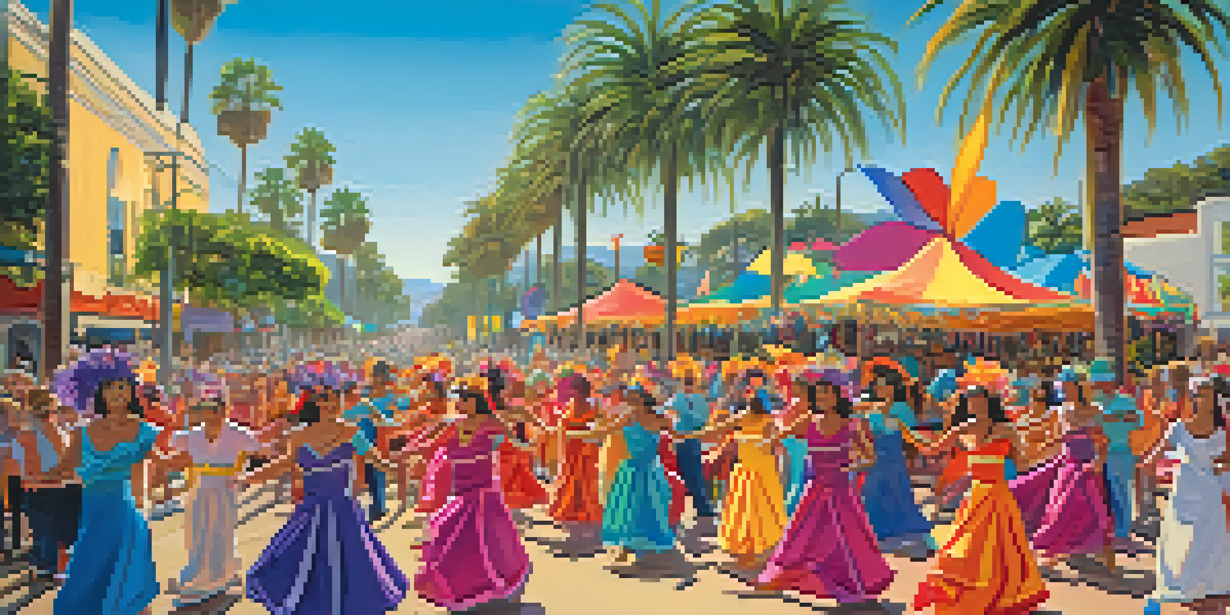 A colorful parade scene from the Santa Barbara Summer Solstice Celebration, showcasing participants in bright costumes and a lively atmosphere with palm trees in the background.