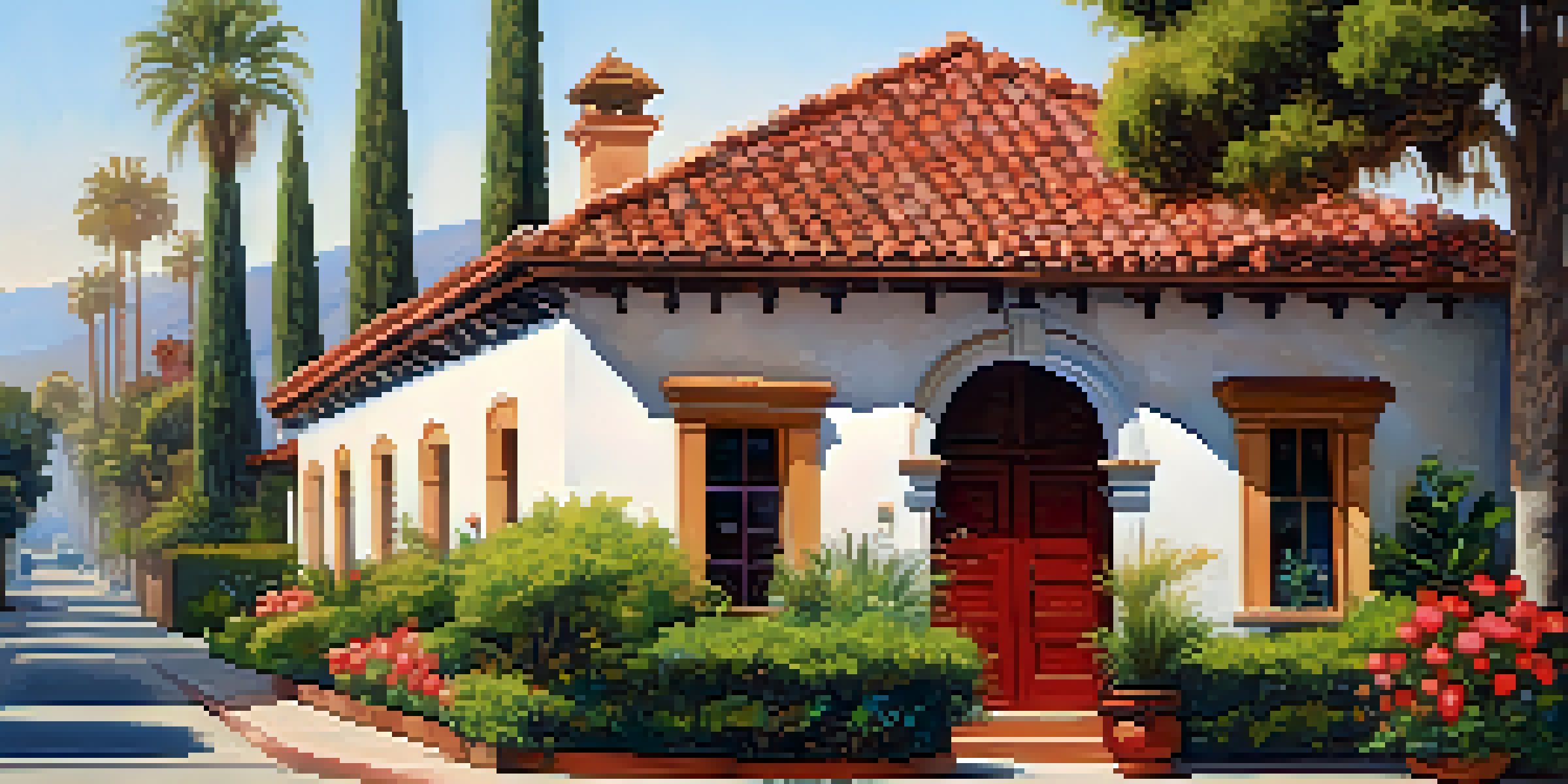 A sunny street in Santa Barbara with Spanish Colonial Revival buildings, red-tiled roofs, and colorful flowers.