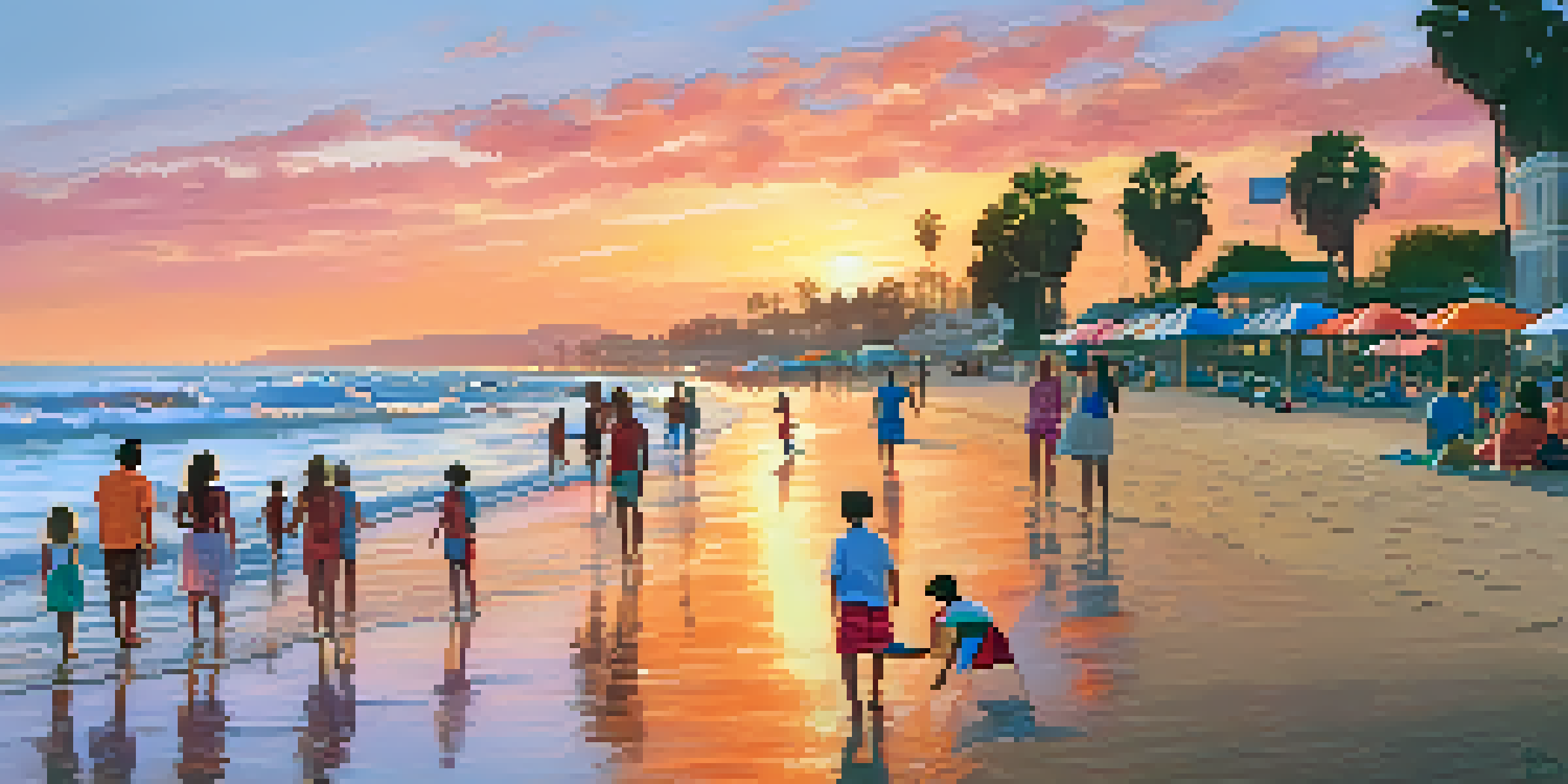 A picturesque sunset at East Beach with families enjoying the sand and water, children building sandcastles, and parents relaxing under umbrellas.