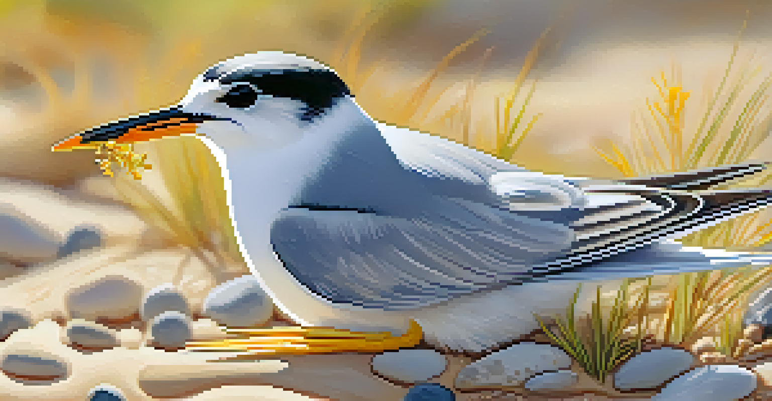 A close-up of a California least tern on its nest with pebbles and wildflowers on the beach.