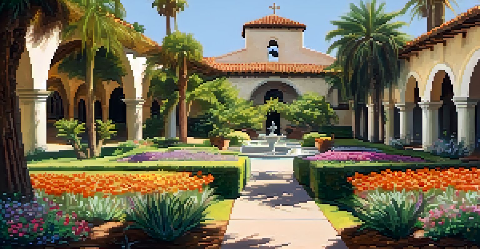 A peaceful garden scene at Mission Santa Barbara with blooming flowers and palm trees, showcasing the mission's architecture in the background.