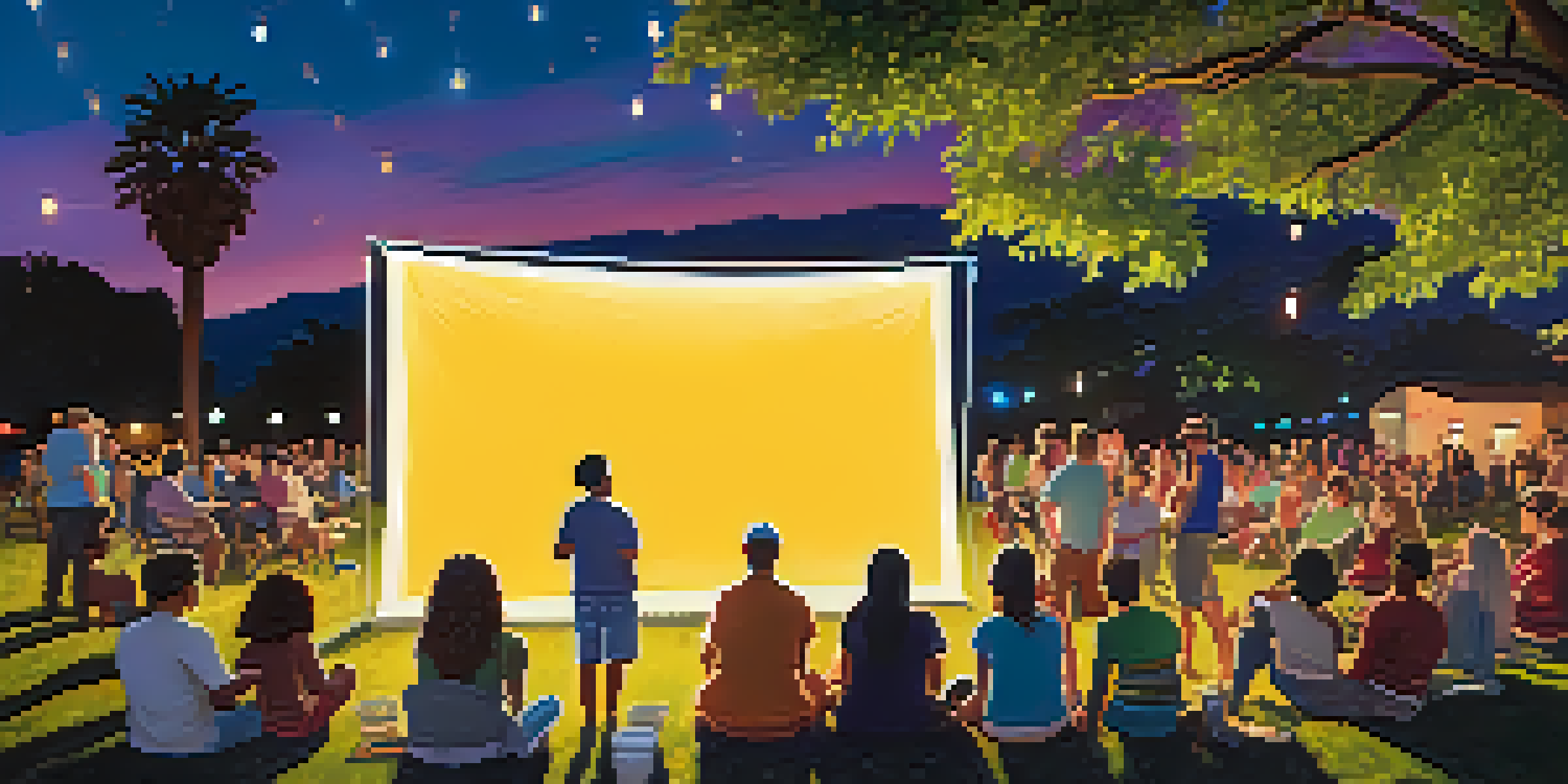 An outdoor cultural film screening in Santa Barbara with a diverse audience enjoying the event under string lights and a setting sun.