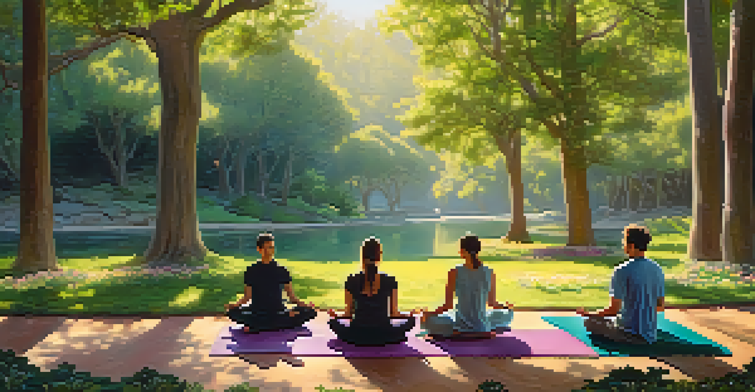 Group of individuals meditating on yoga mats in a serene park setting in Santa Barbara, surrounded by nature.