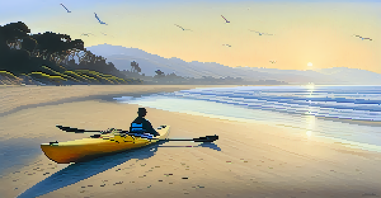 A lone kayaker paddling through the calm waters of Carpinteria State Beach, surrounded by lush greenery and seabirds in the soft morning light.