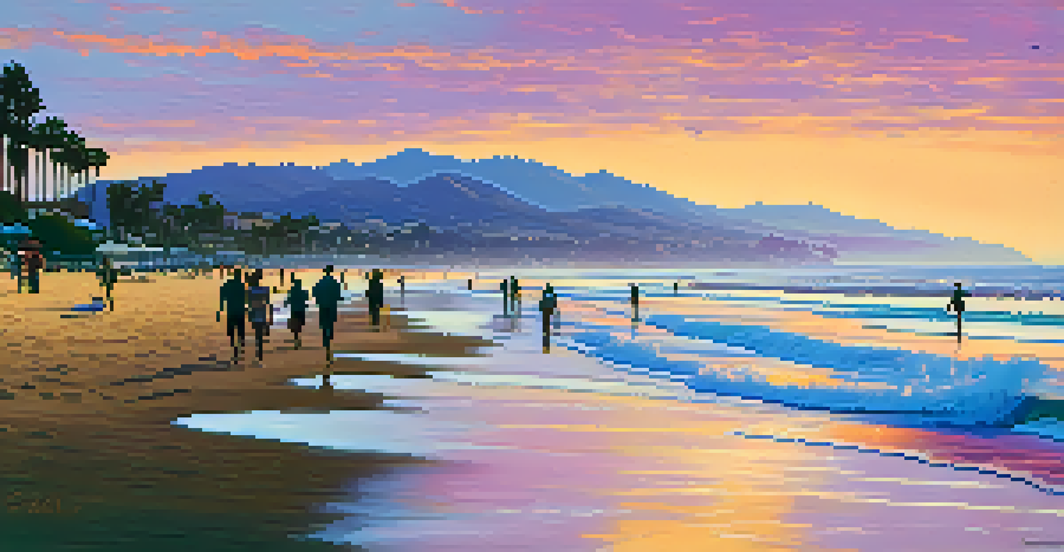 A sunset view over Santa Barbara beach with people engaged in a beach cleanup, casting silhouettes against the colorful sky.