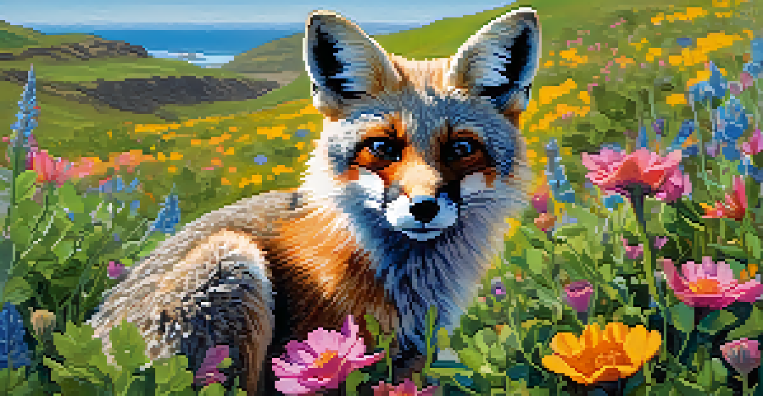 An Island Fox surrounded by colorful wildflowers on a sunny day in California.