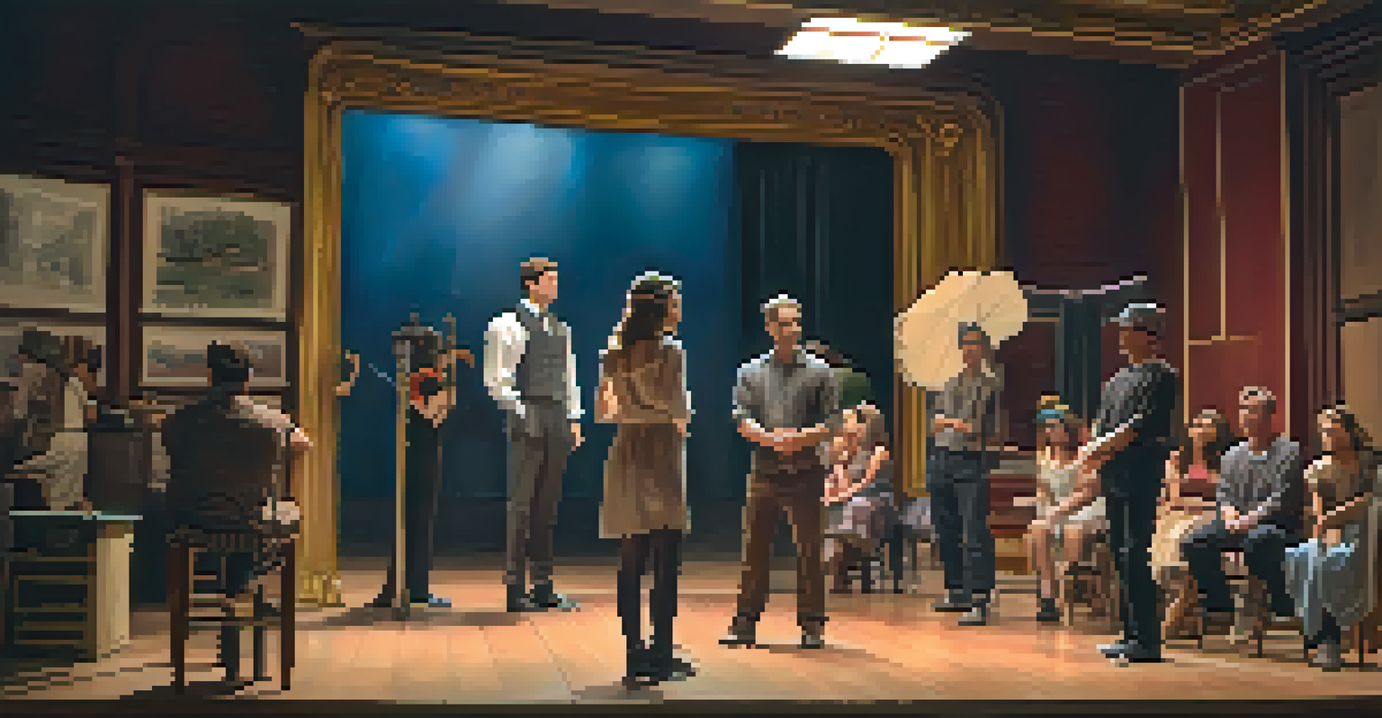 Backstage view of actors rehearsing in a local theater with props and costumes, showcasing their concentration and passion.