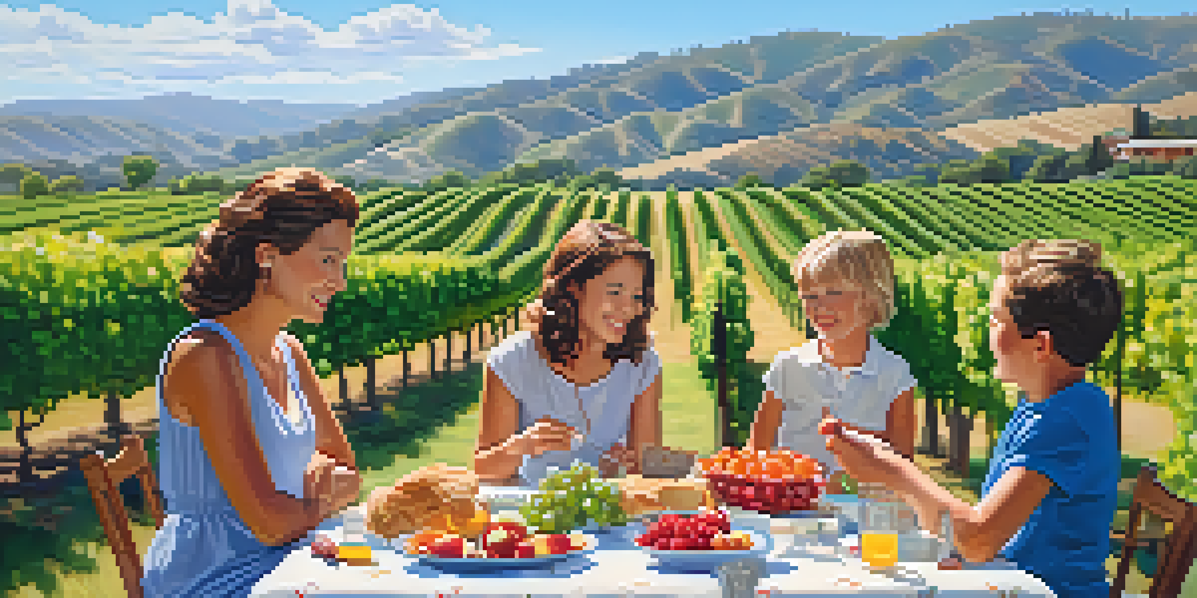 A family having a picnic in the vineyards, surrounded by green grapevines and rolling hills.
