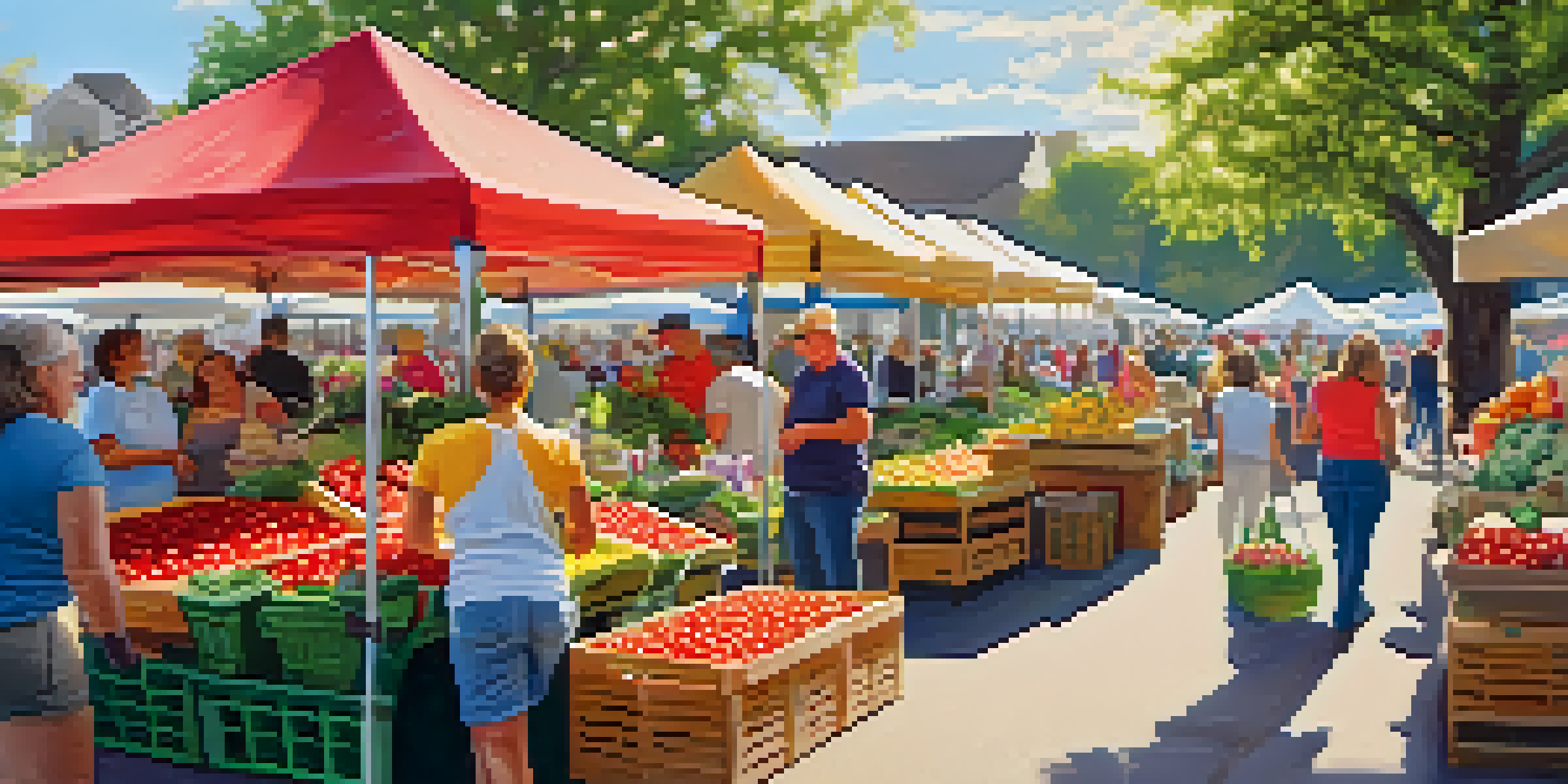 A lively farmers' market with colorful stalls of fresh produce, families enjoying the atmosphere, and sunlight filtering through trees.