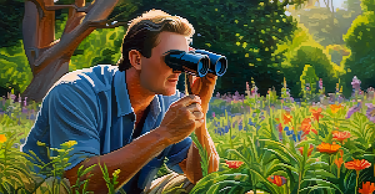 A close-up of a bird watcher with binoculars, surrounded by vibrant greenery and flowers, illuminated by soft sunlight.