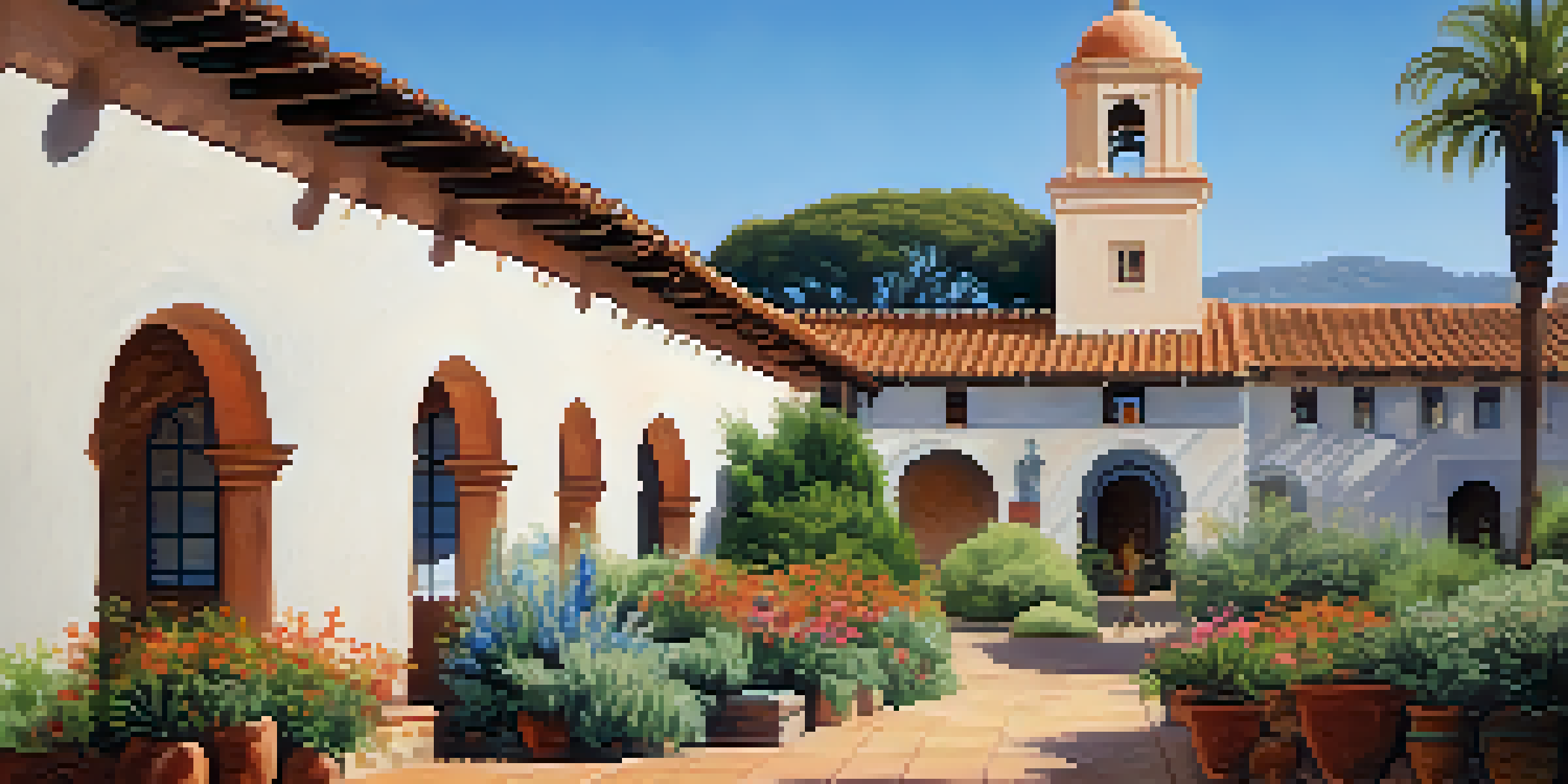 A beautiful view of the Santa Barbara Presidio with adobe buildings and colorful flowers in the plaza.