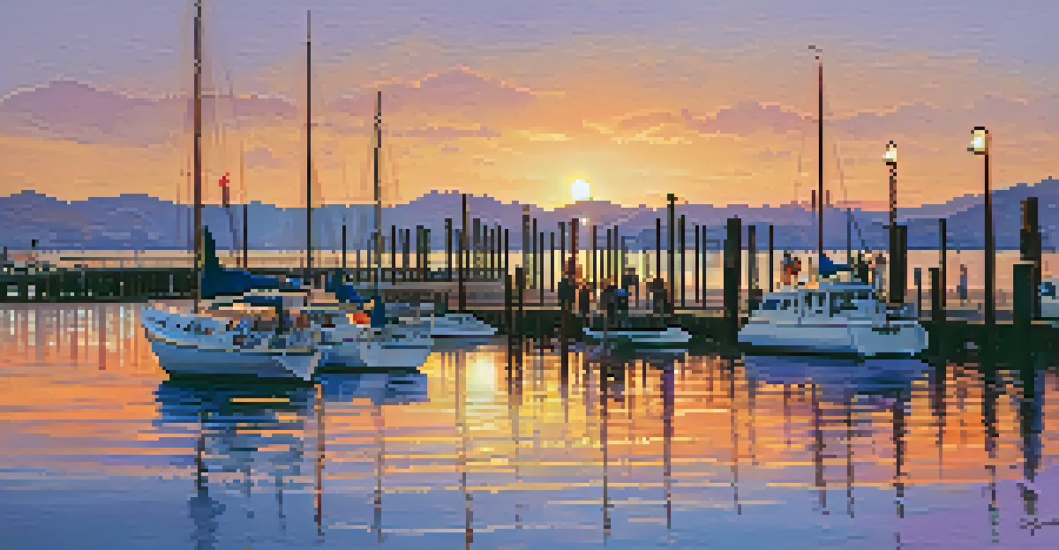 A vibrant sunset view from Stearns Wharf, with sailboats and reflections on the water.