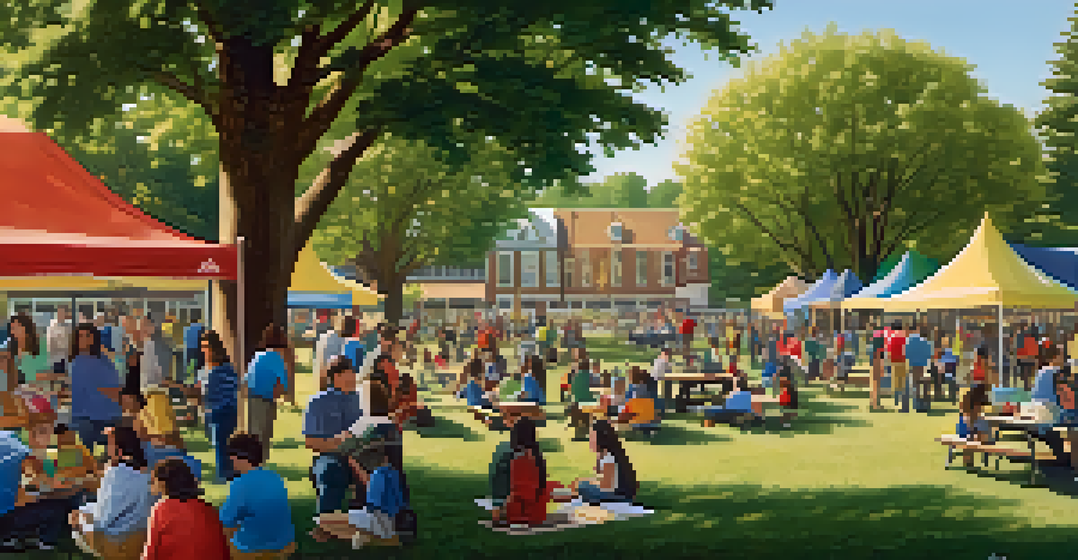 A community event in a sunny park where parents and teachers discuss education reform with local business representatives.