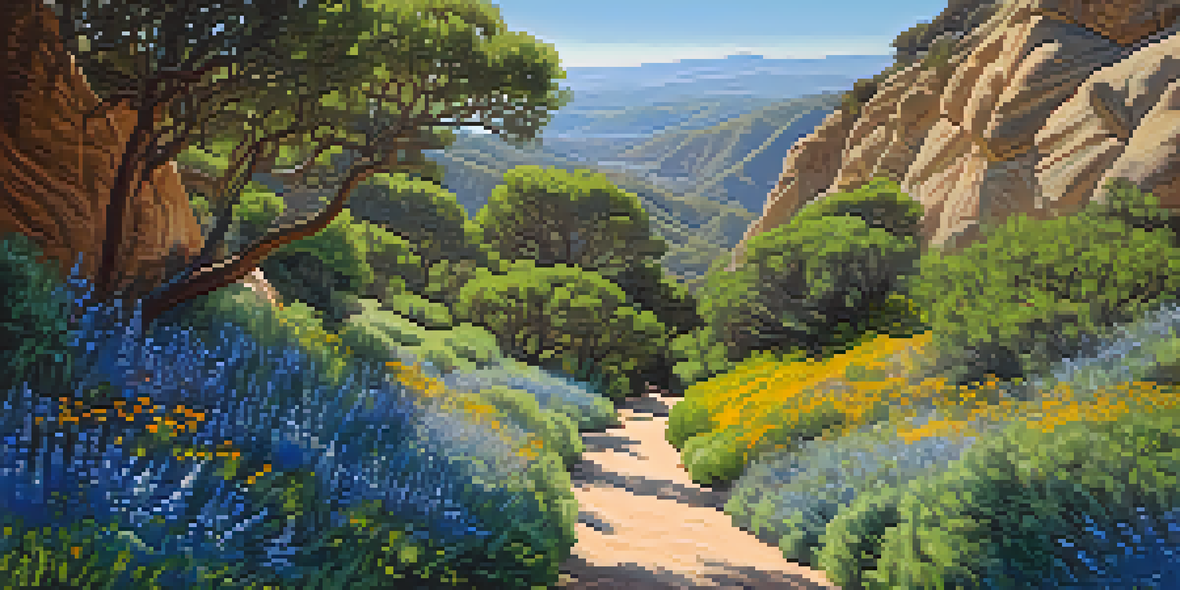 A beautiful landscape of Rattlesnake Canyon Trail with lush greenery, wildflowers, and canyon walls under a blue sky.