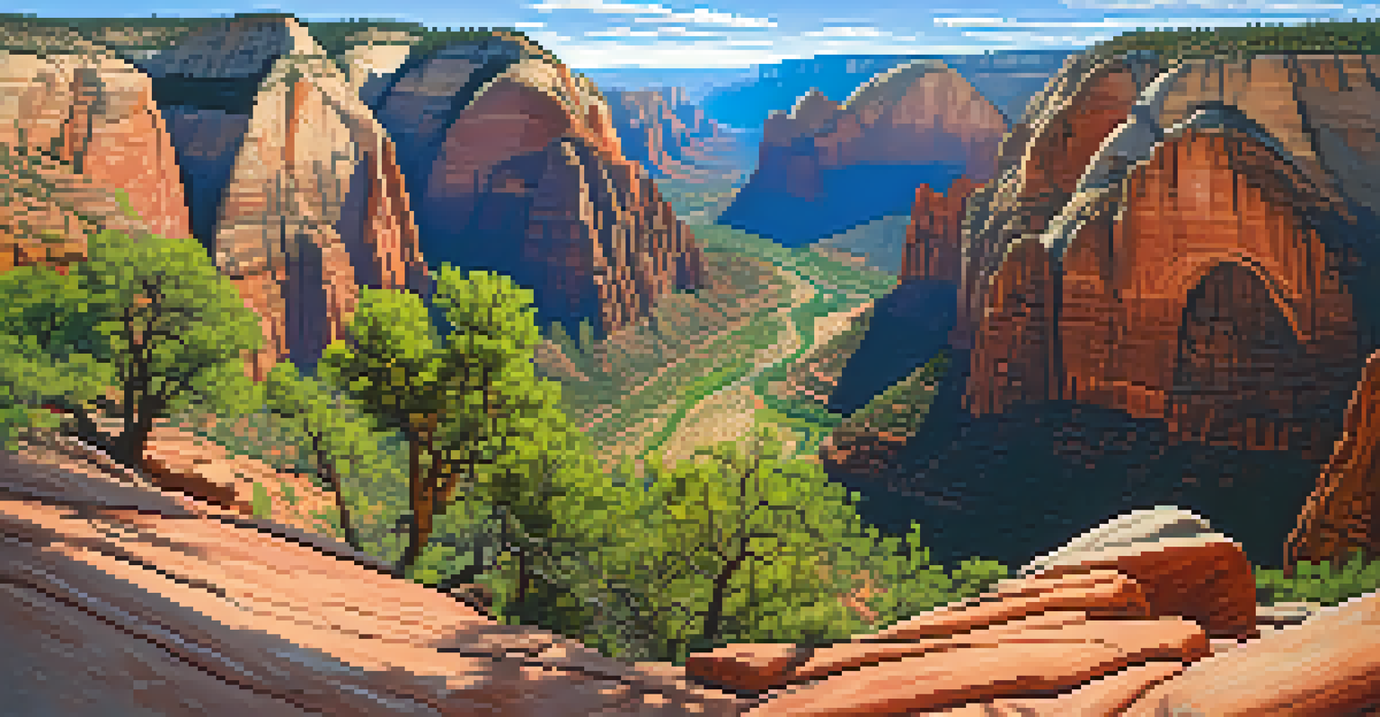 Panoramic view from Angel's Landing in Zion National Park with red rocks and deep canyons.