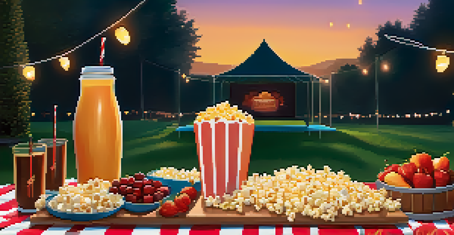 A cozy picnic setup with snacks and drinks for an outdoor movie night, set against a park backdrop with a large movie screen and string lights.
