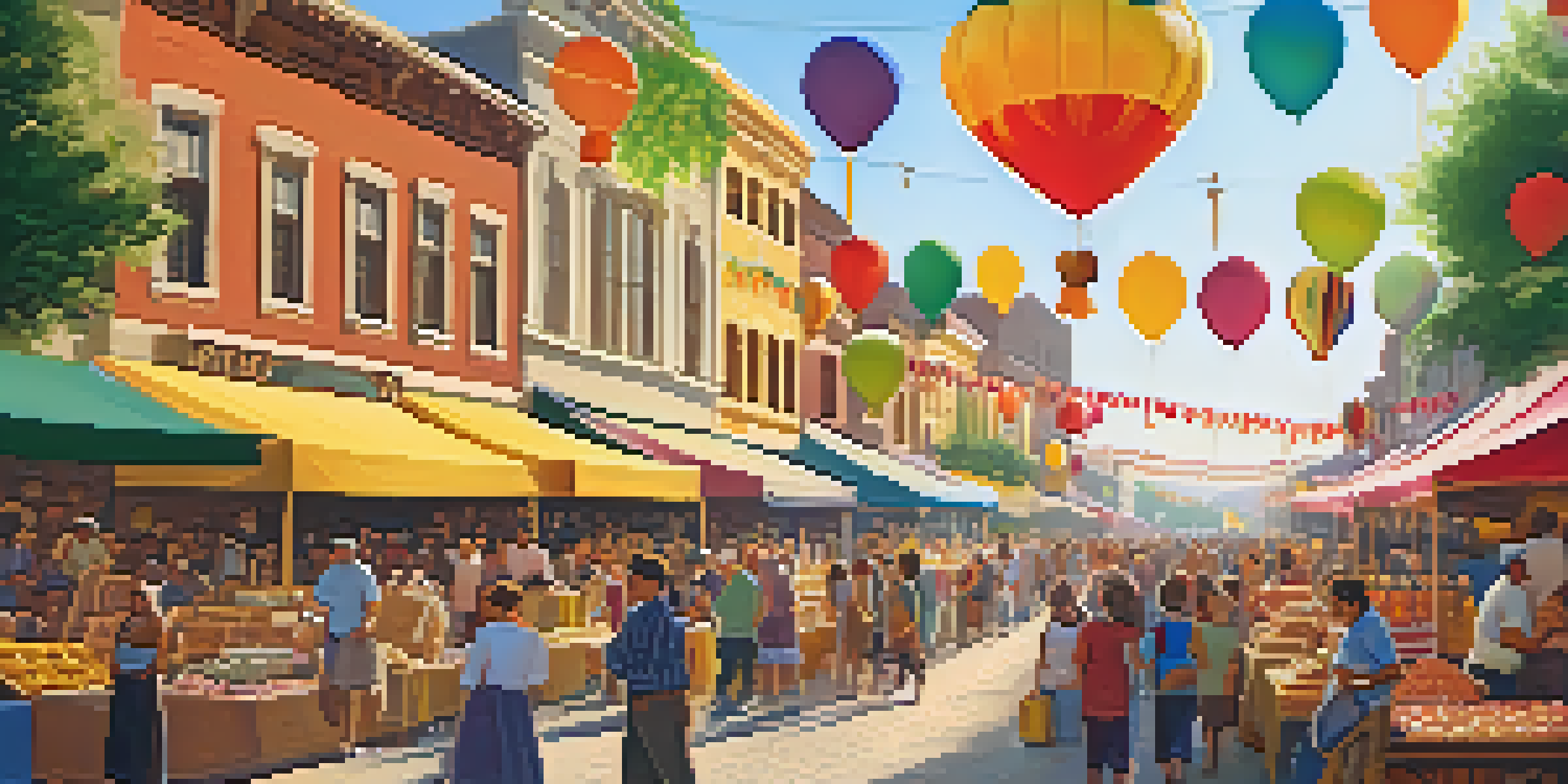 A lively local festival with colorful booths and families enjoying food and crafts under a sunny sky.