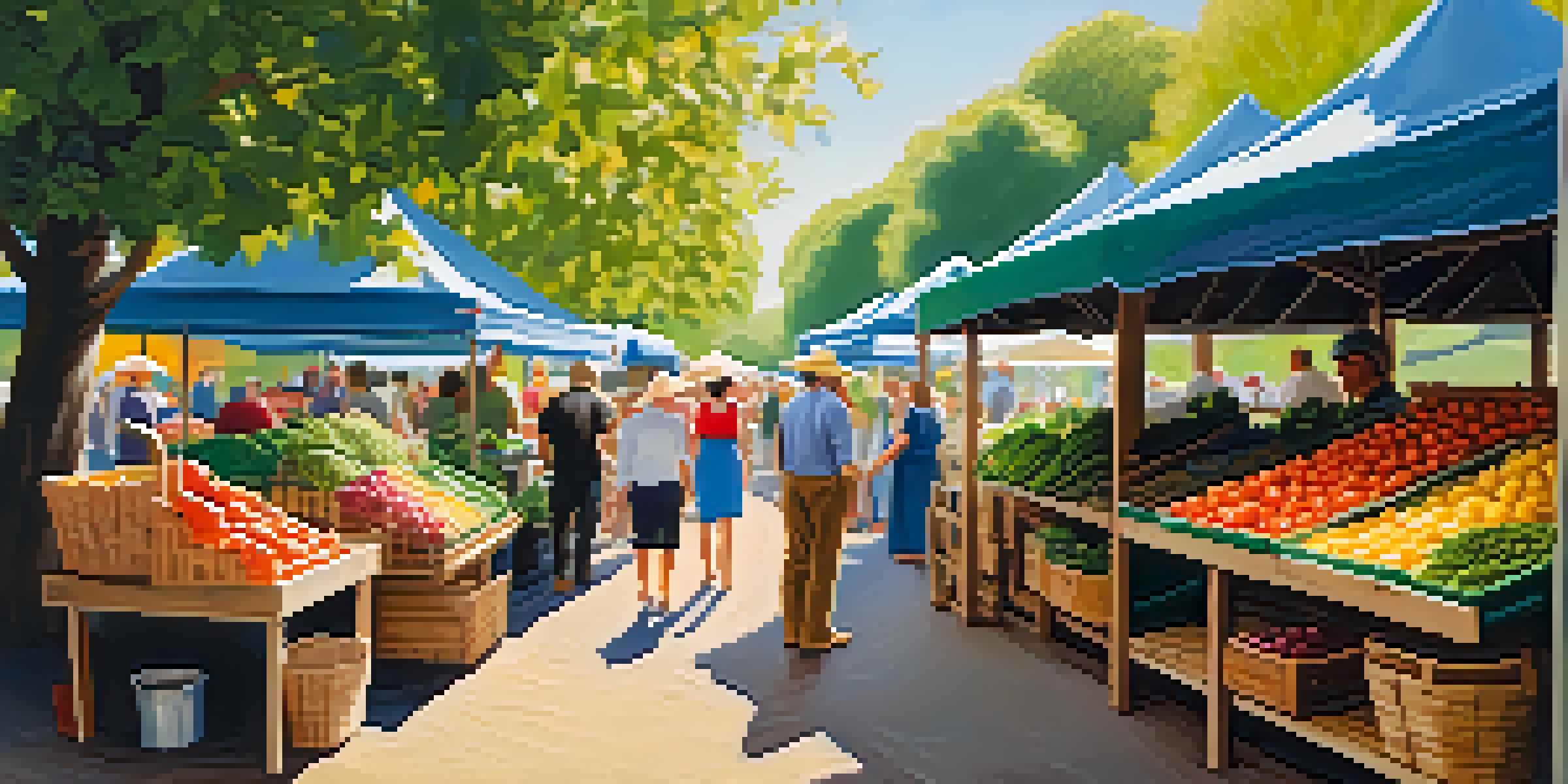 A lively farmers' market filled with colorful fruits and vegetables, with farmers engaging with customers under sunlight.