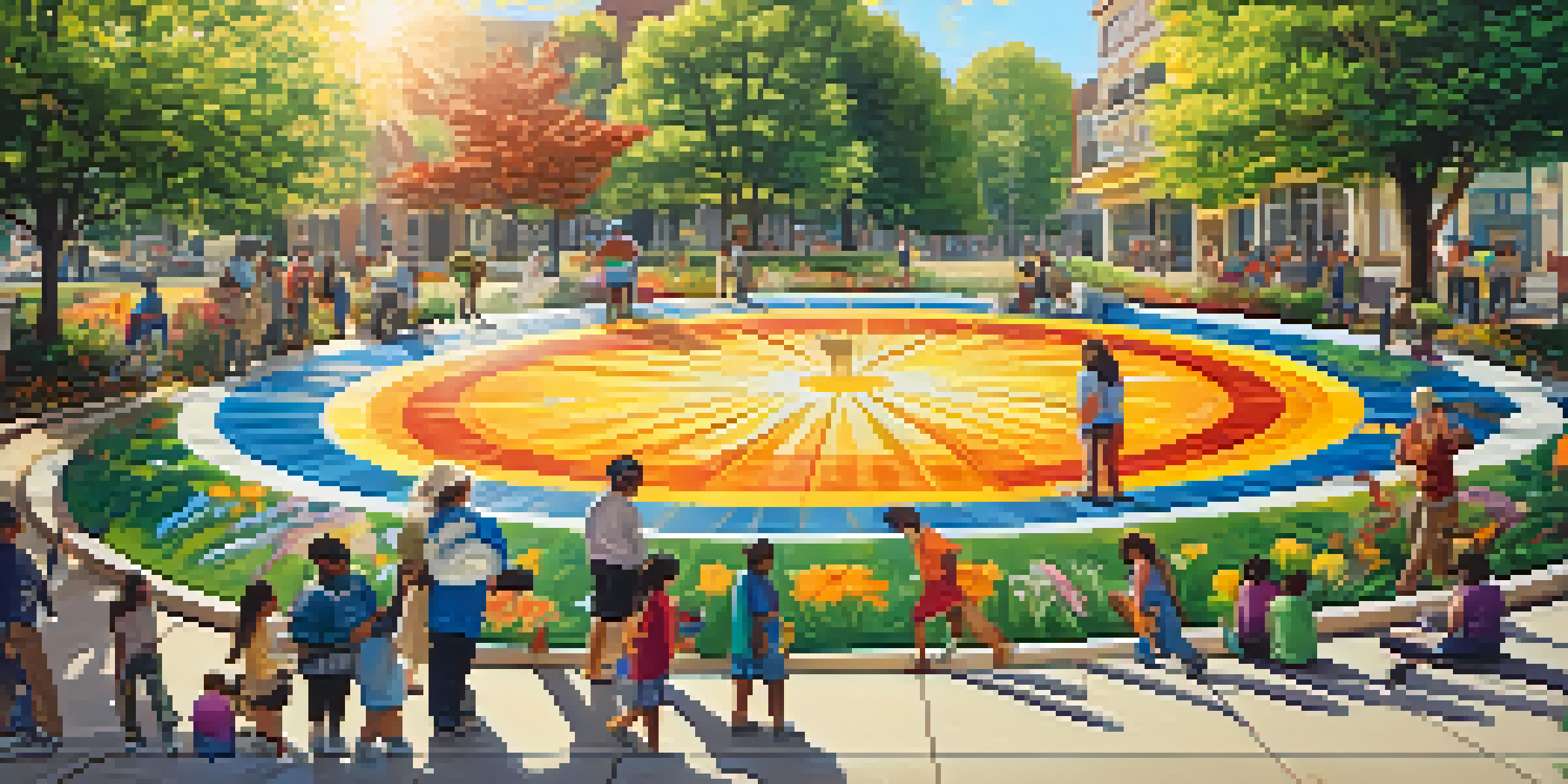 A lively mural in a park with people of diverse backgrounds collaboratively painting, surrounded by greenery and sunlight.