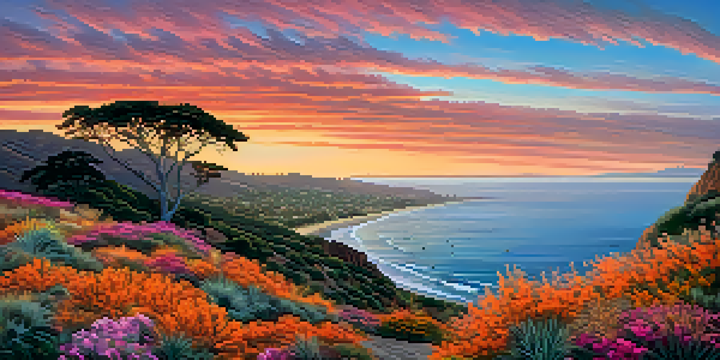 A scenic sunset over Santa Barbara's coastline, with colorful skies and a condor flying above wild coastal plants.