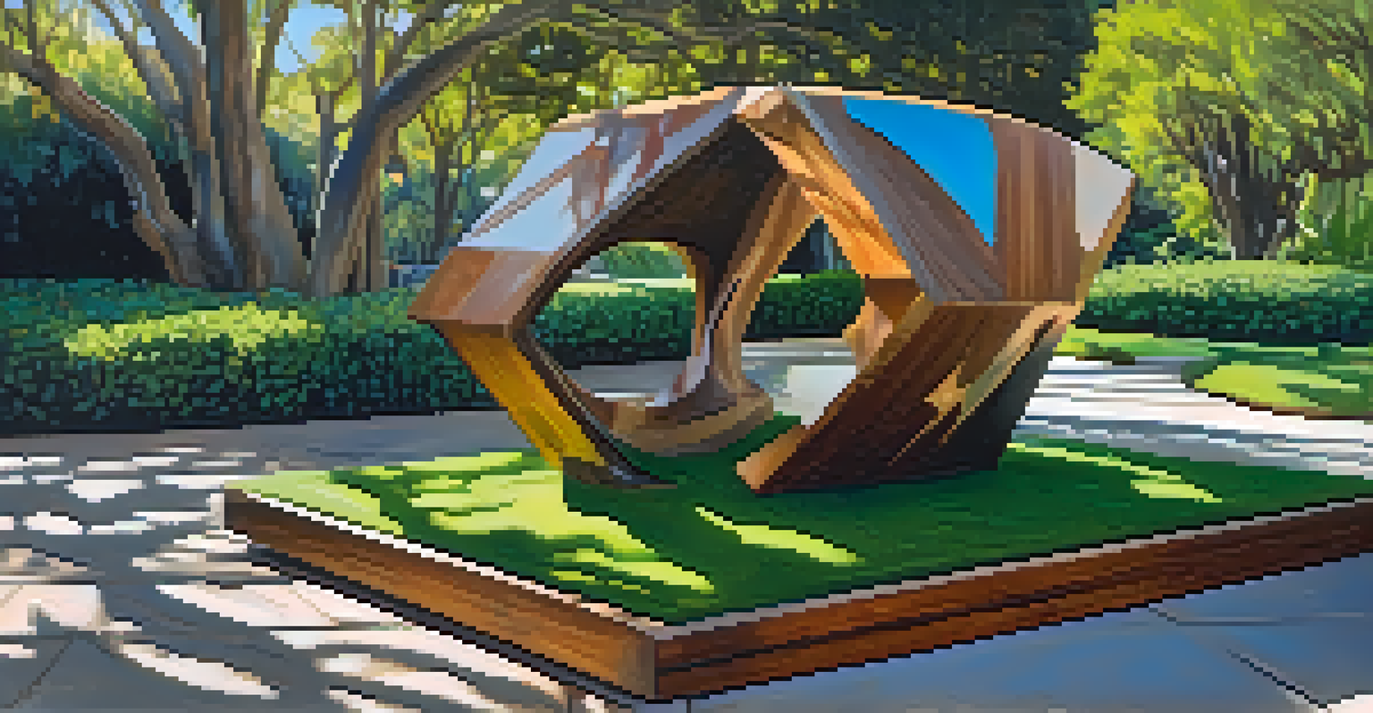 An abstract outdoor sculpture crafted from reclaimed materials, surrounded by flowers and greenery in a sunny park.