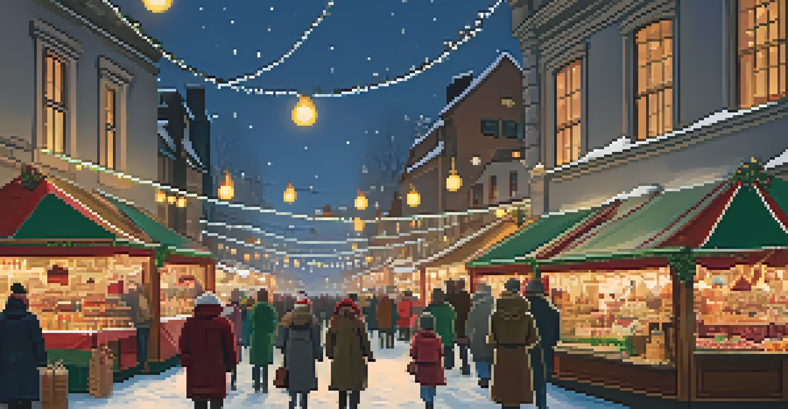 A lively Christmas market with stalls of handmade gifts, festive foods, and visitors enjoying the holiday atmosphere.