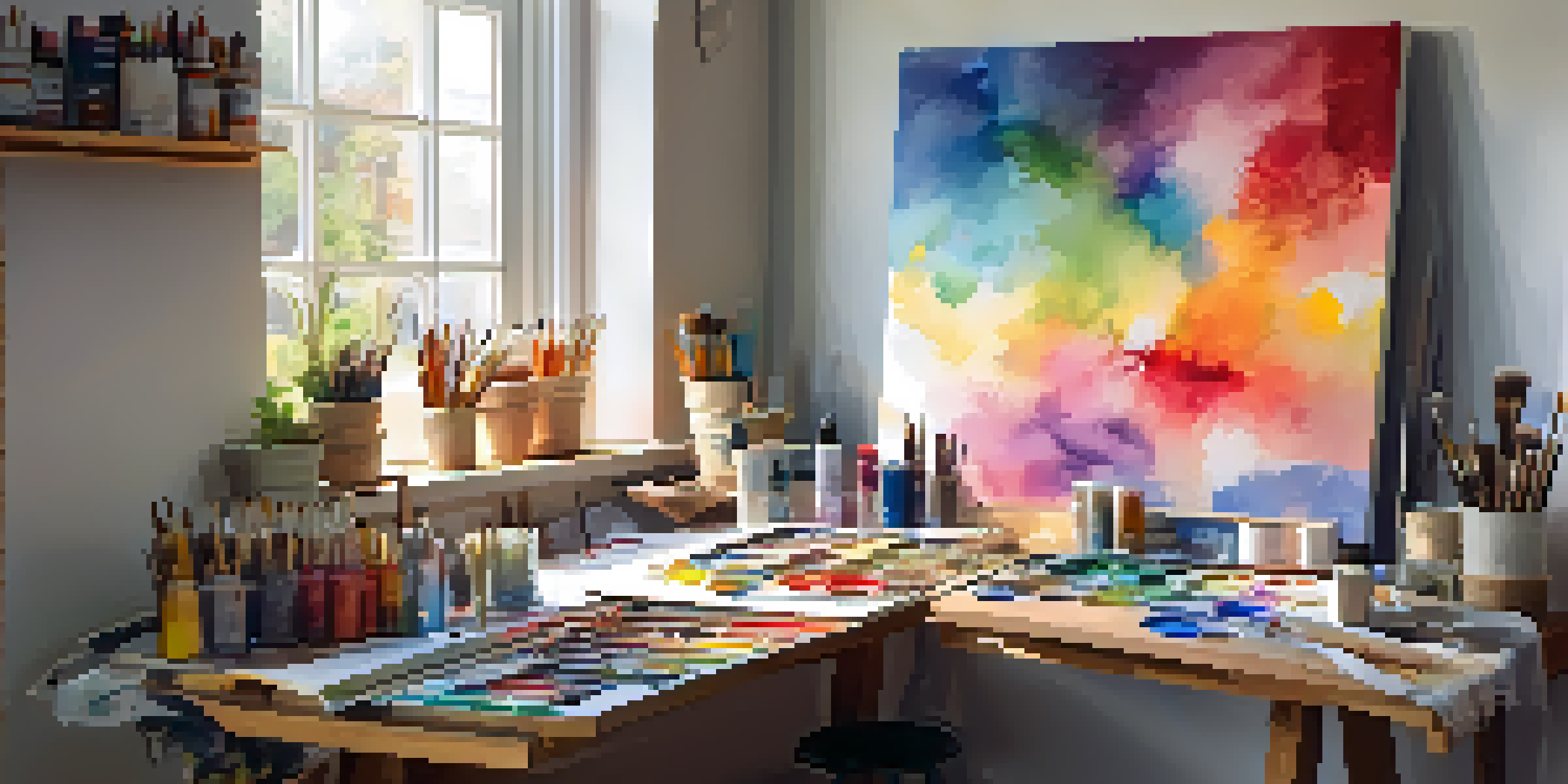 A warm and inviting home art studio filled with art supplies and a colorful painting in progress.