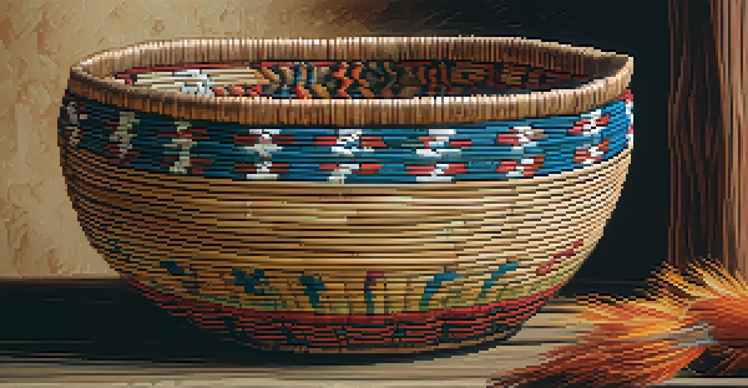 A close-up of a traditional Chumash basket showing intricate weaving and vibrant patterns, against a rustic wooden background with soft natural light.