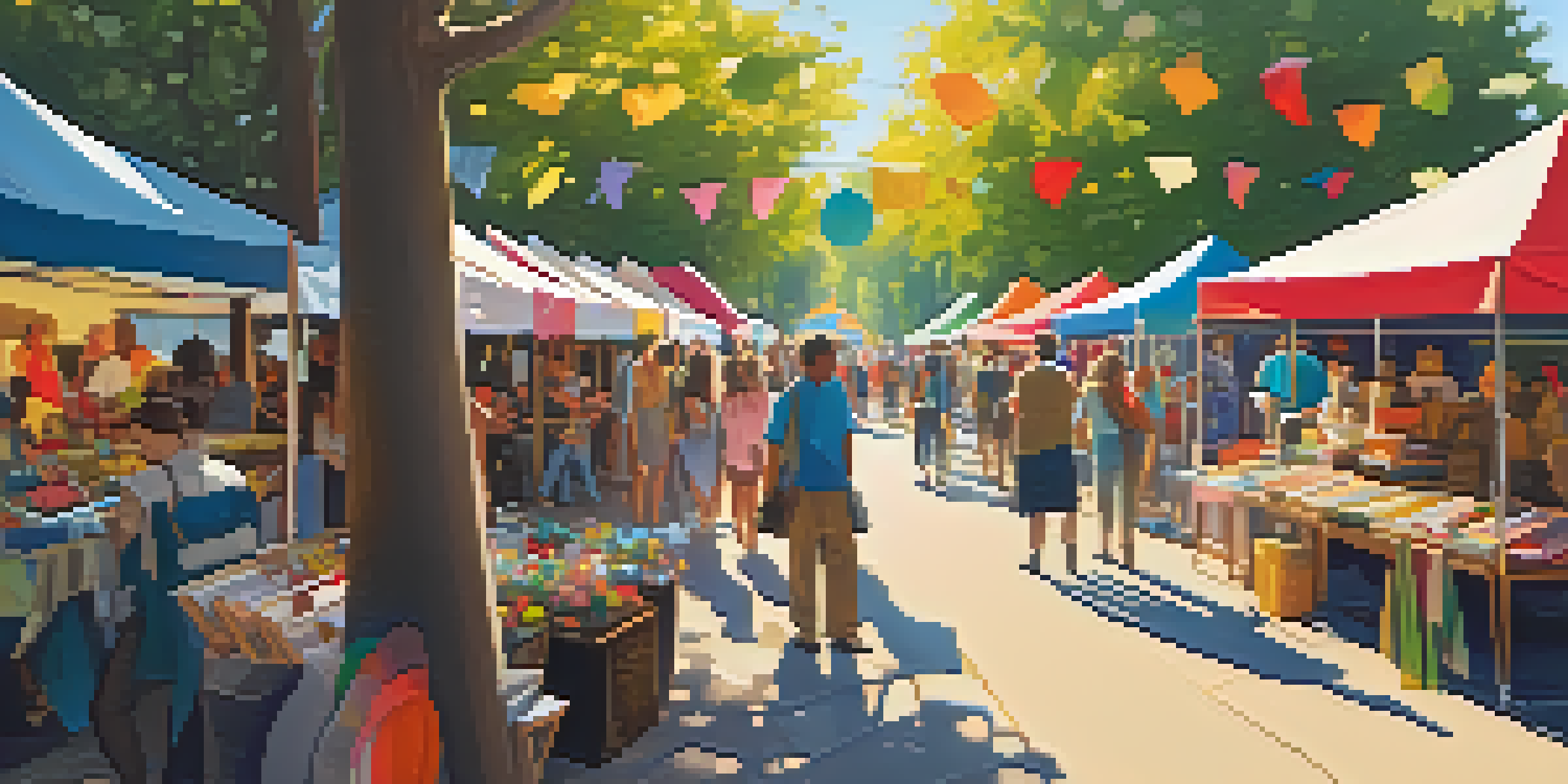 A lively art festival with colorful stalls and people interacting, musicians playing in the background.