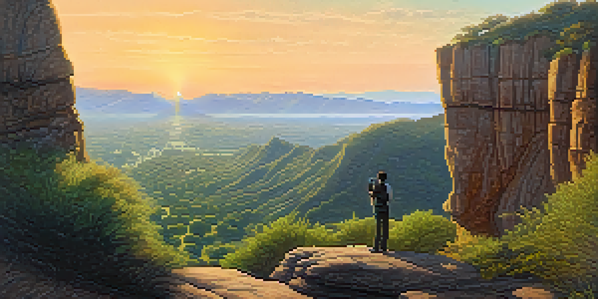 A hiker standing in front of the Indian Caves during sunset, with lush greenery and a misty atmosphere surrounding the rocky formations.