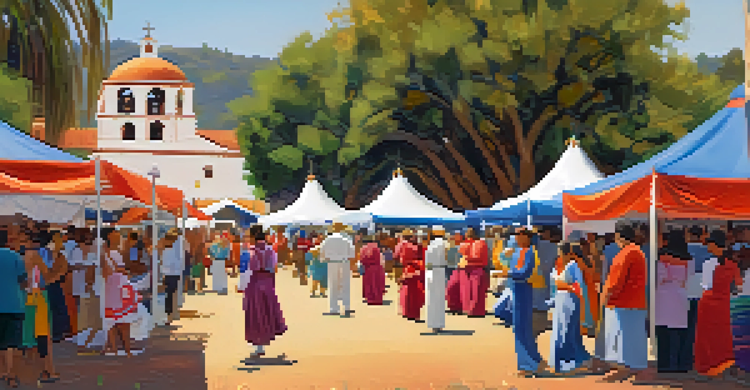 A lively cultural event at Santa Barbara Mission with artisans, music, and people celebrating in front of the historic building.
