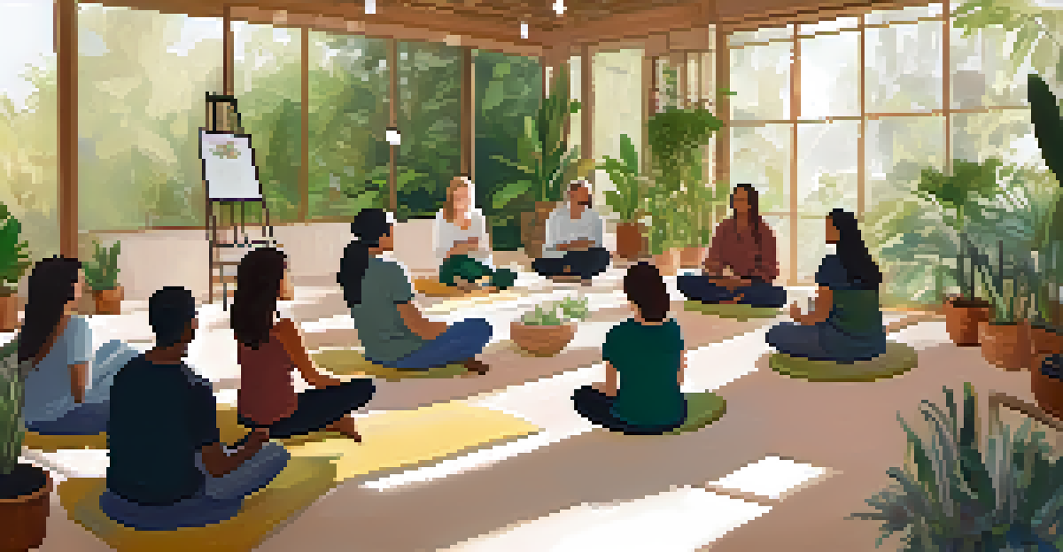 A cozy workshop at a wellness festival with attendees seated in a circle, listening to a speaker about mindfulness in a warm and inviting setting.