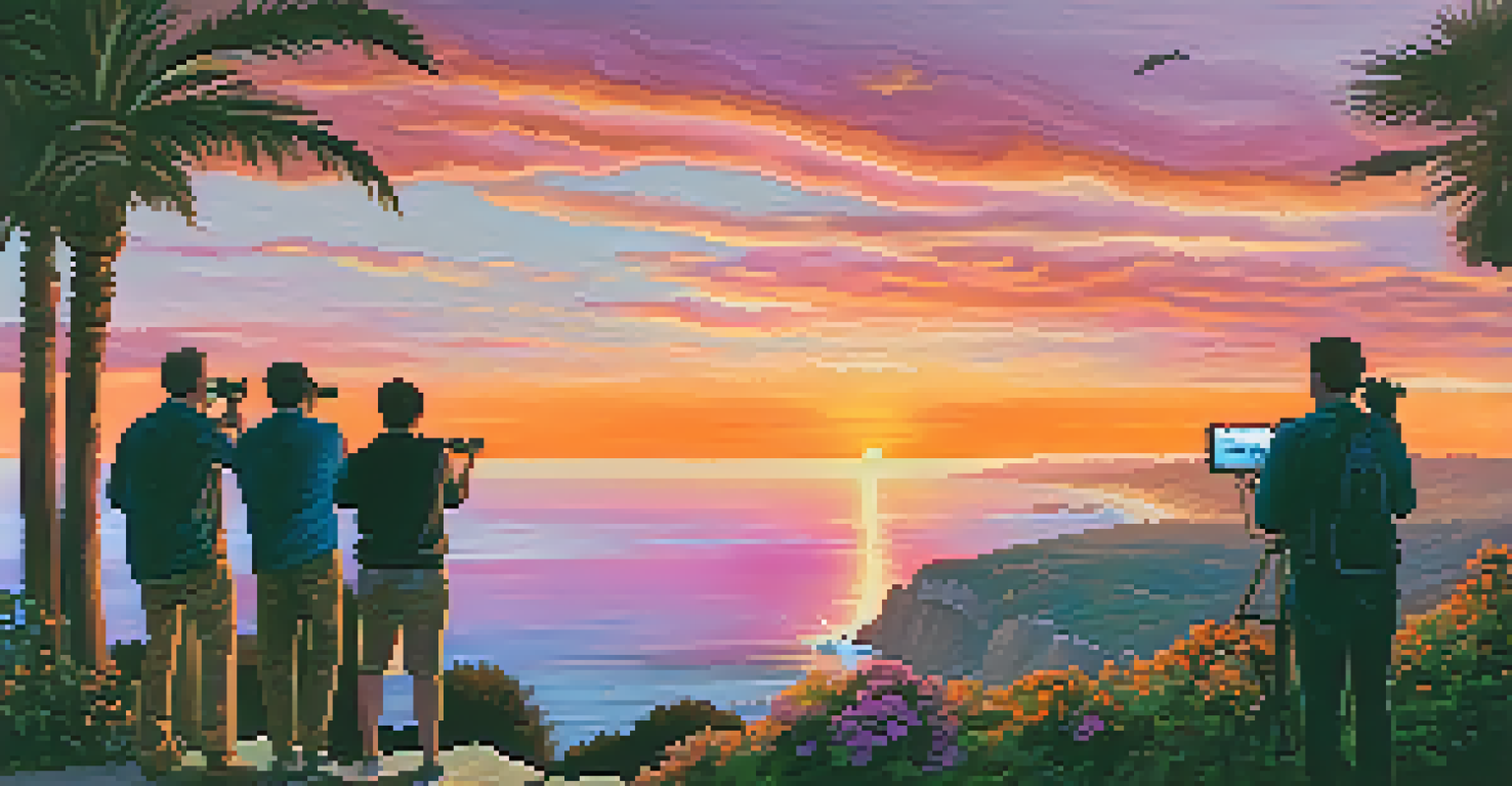 A scenic sunset over the ocean with silhouetted photographers, surrounded by greenery.