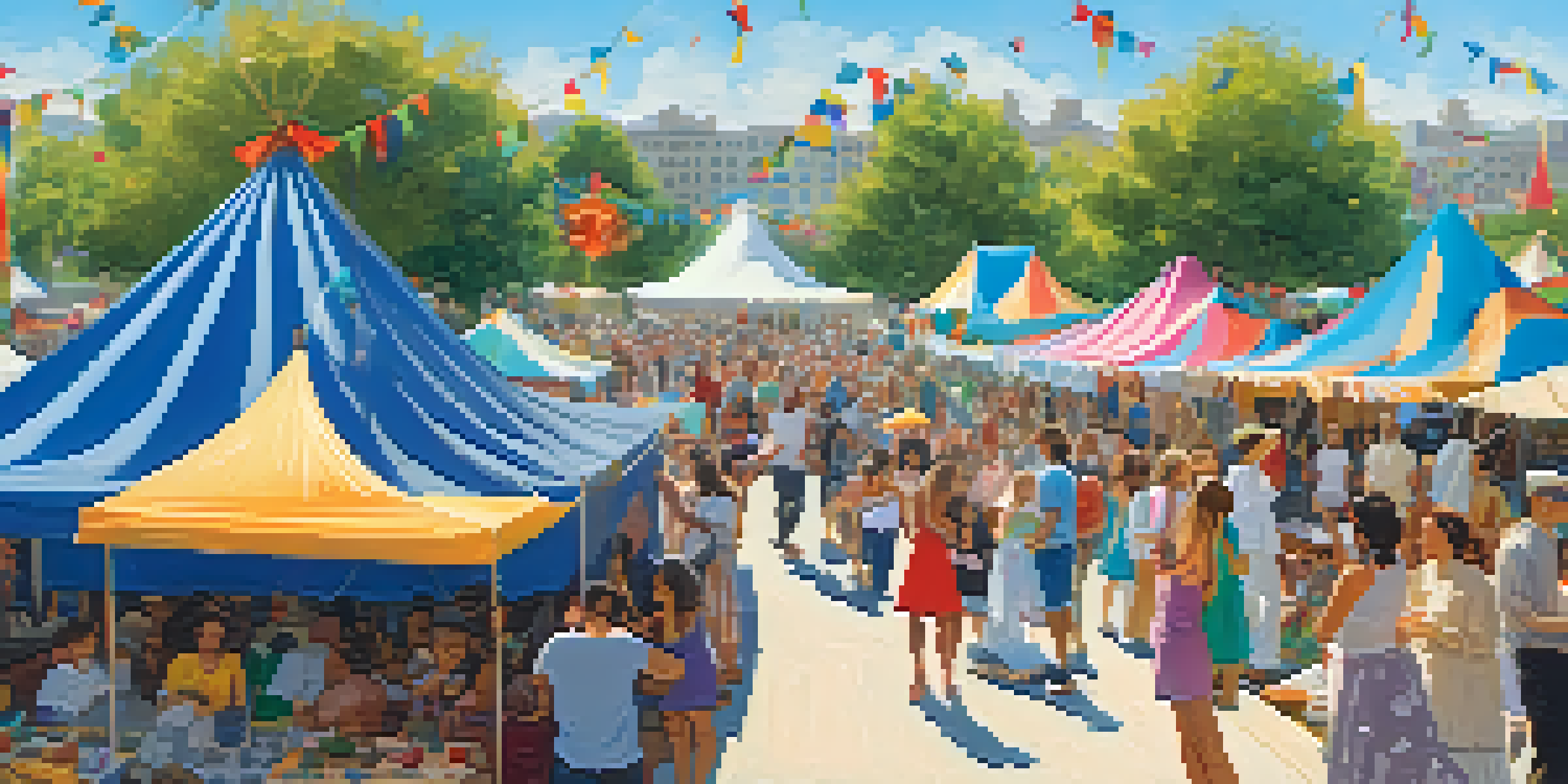 A lively outdoor festival with diverse attendees enjoying food, crafts, and music under a clear blue sky.
