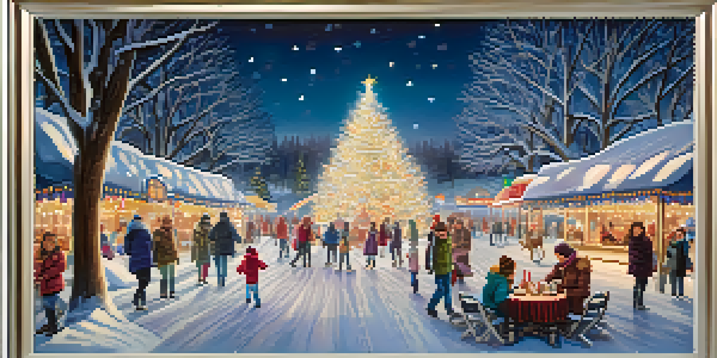 A vibrant winter festival with illuminated pathways, snowy trees, and families enjoying ice skating and hot cocoa.