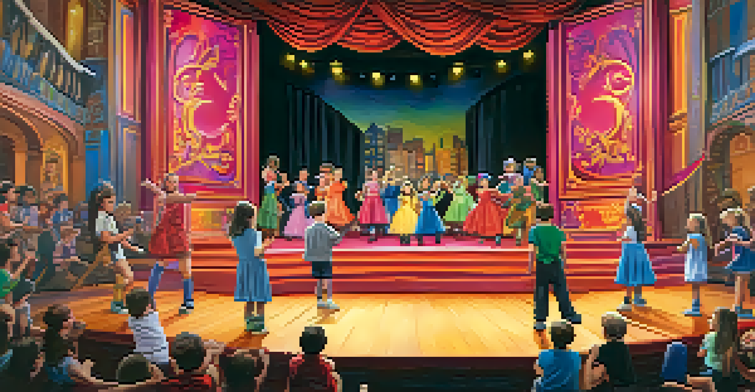 Children participating in an interactive theater performance on a colorful stage.