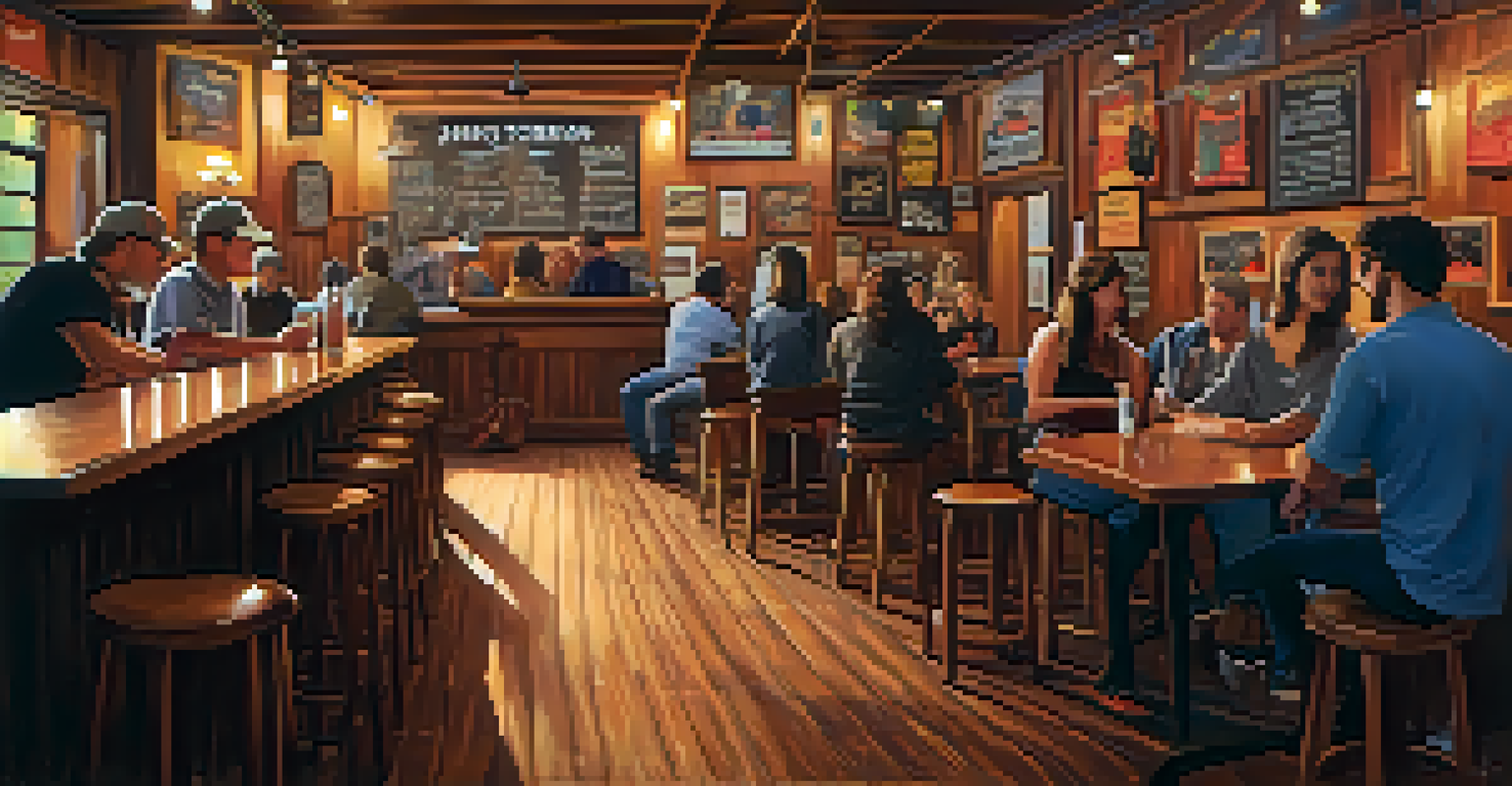 A cozy local music venue interior with a small stage and patrons enjoying their time.