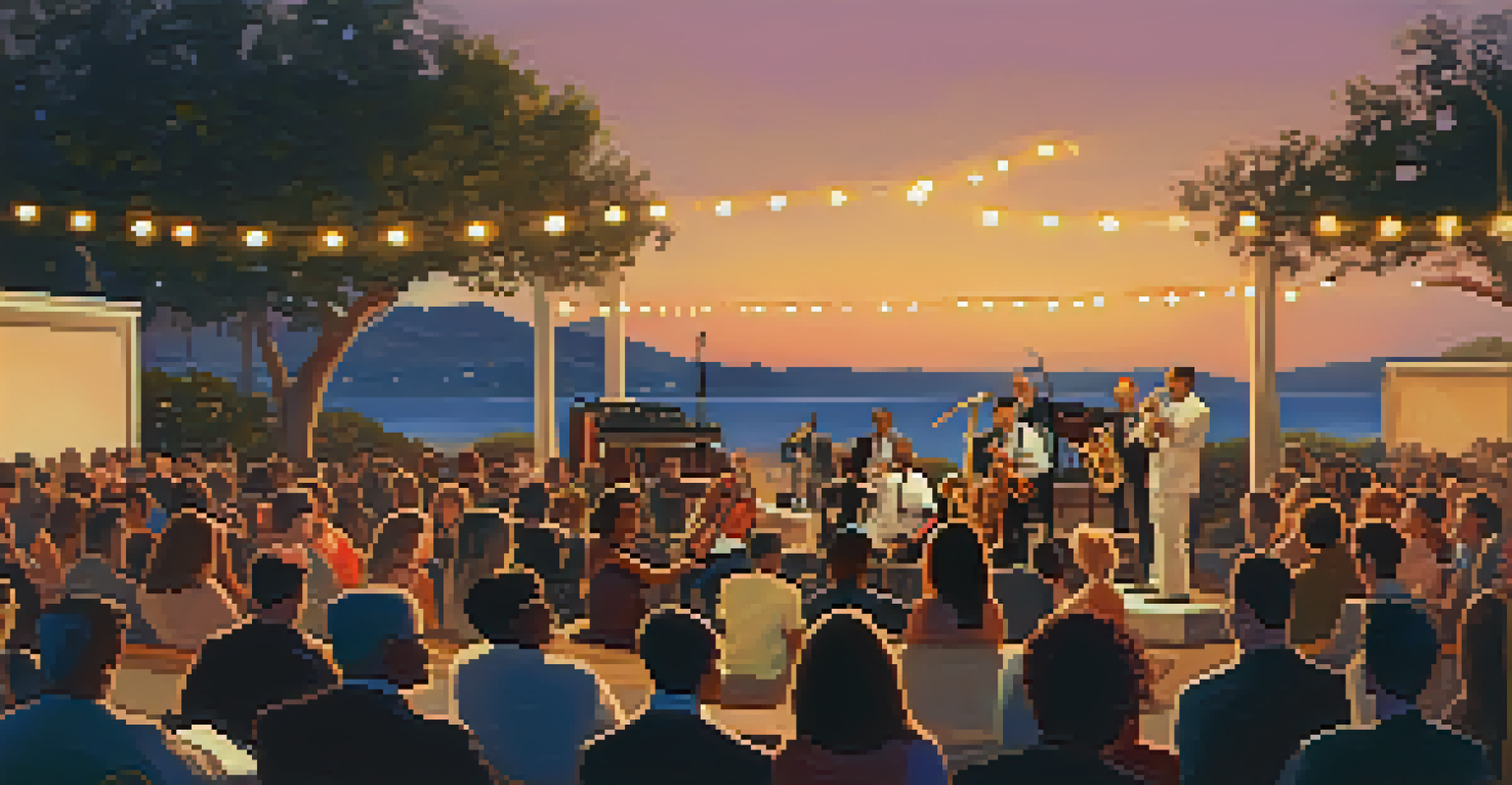 An intimate jazz festival in Santa Barbara with a band performing on stage, illuminated by string lights as the sun sets.