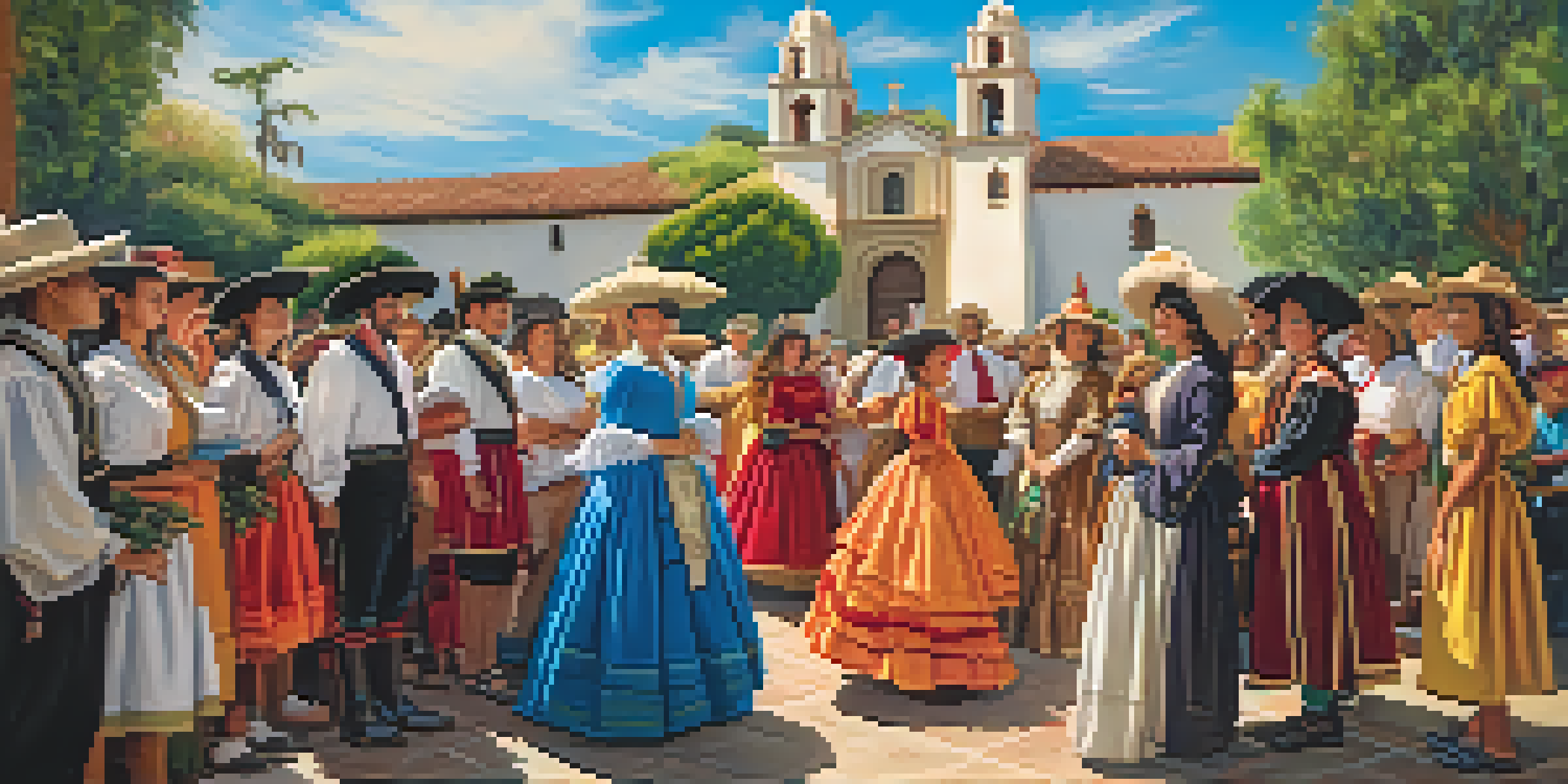 A lively scene of families engaging with actors in historical costumes at a reenactment event in Santa Barbara, with the Santa Barbara Mission in the background.