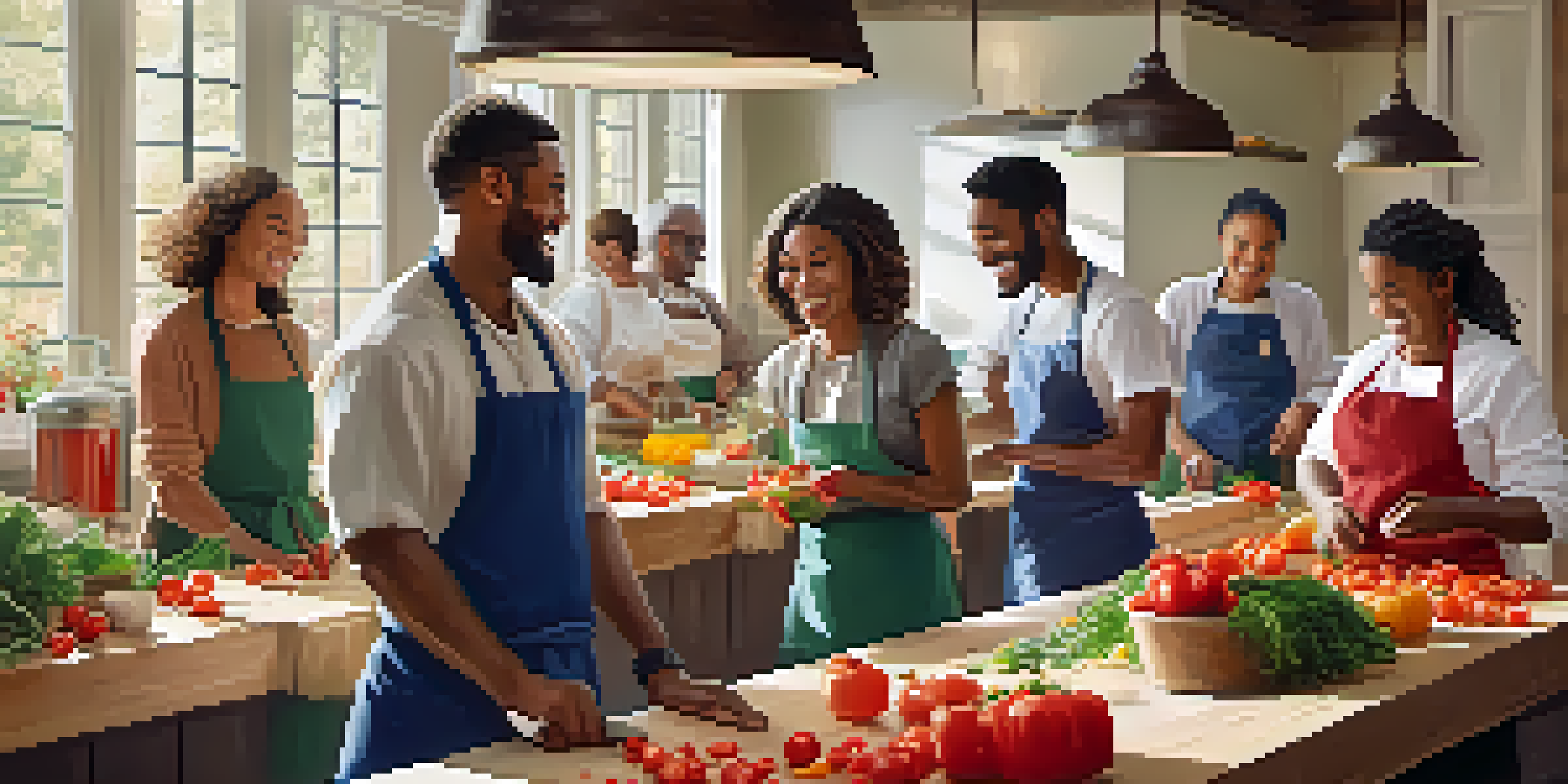 A diverse group of people joyfully chopping fresh vegetables in a bright kitchen, with colorful ingredients scattered around.