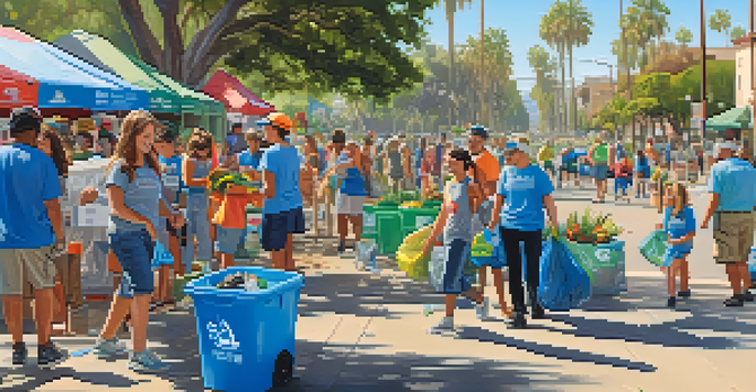 A community clean-up event with diverse residents picking up litter in a sunny park, surrounded by palm trees and colorful trash bags.