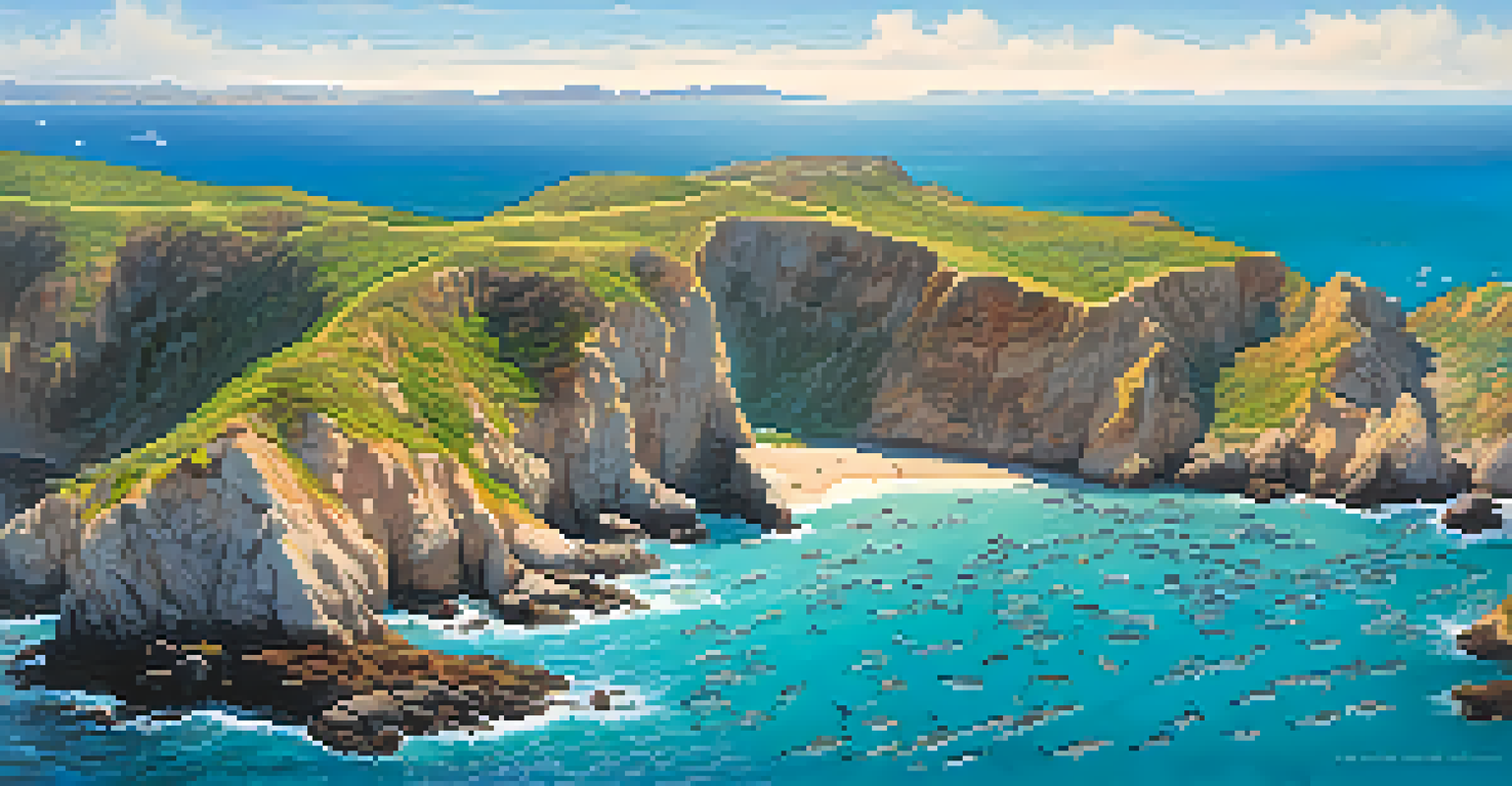 Aerial view of the Channel Islands with cliffs and marine life, including sea lions and dolphins in turquoise waters.