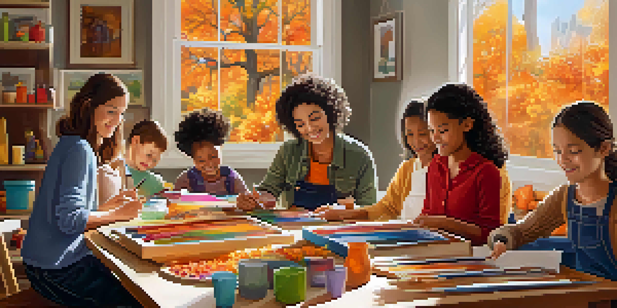 A family art workshop where members of different ages are creating colorful autumn-themed crafts, with art supplies and completed artworks visible.