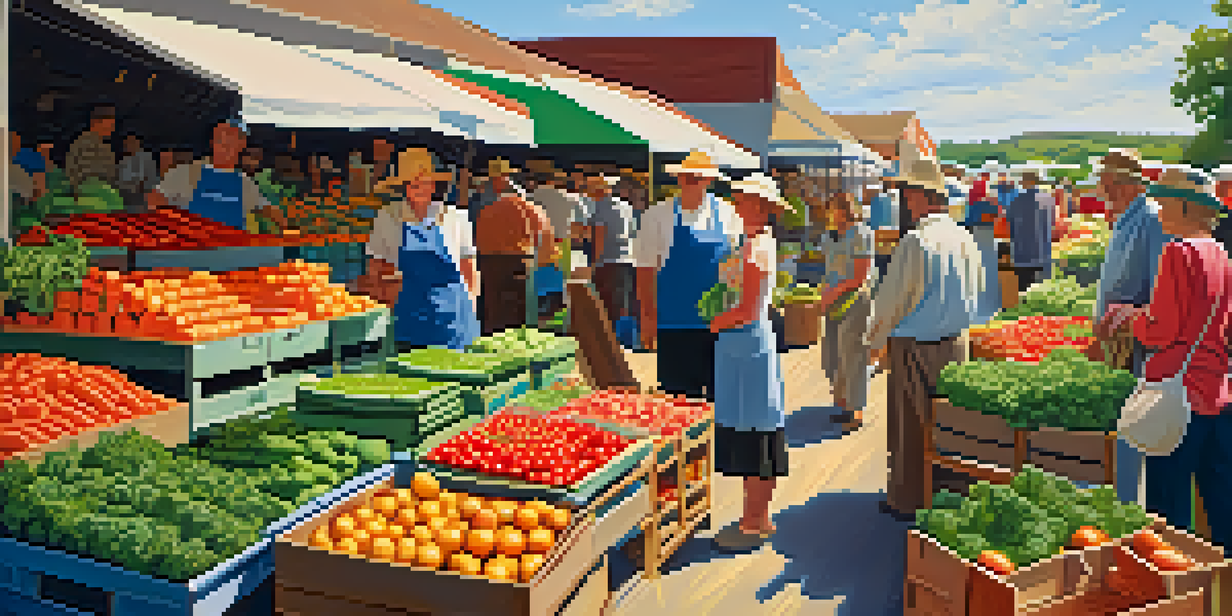A bustling farmer's market filled with fresh produce, farmers, and customers under a sunny sky.