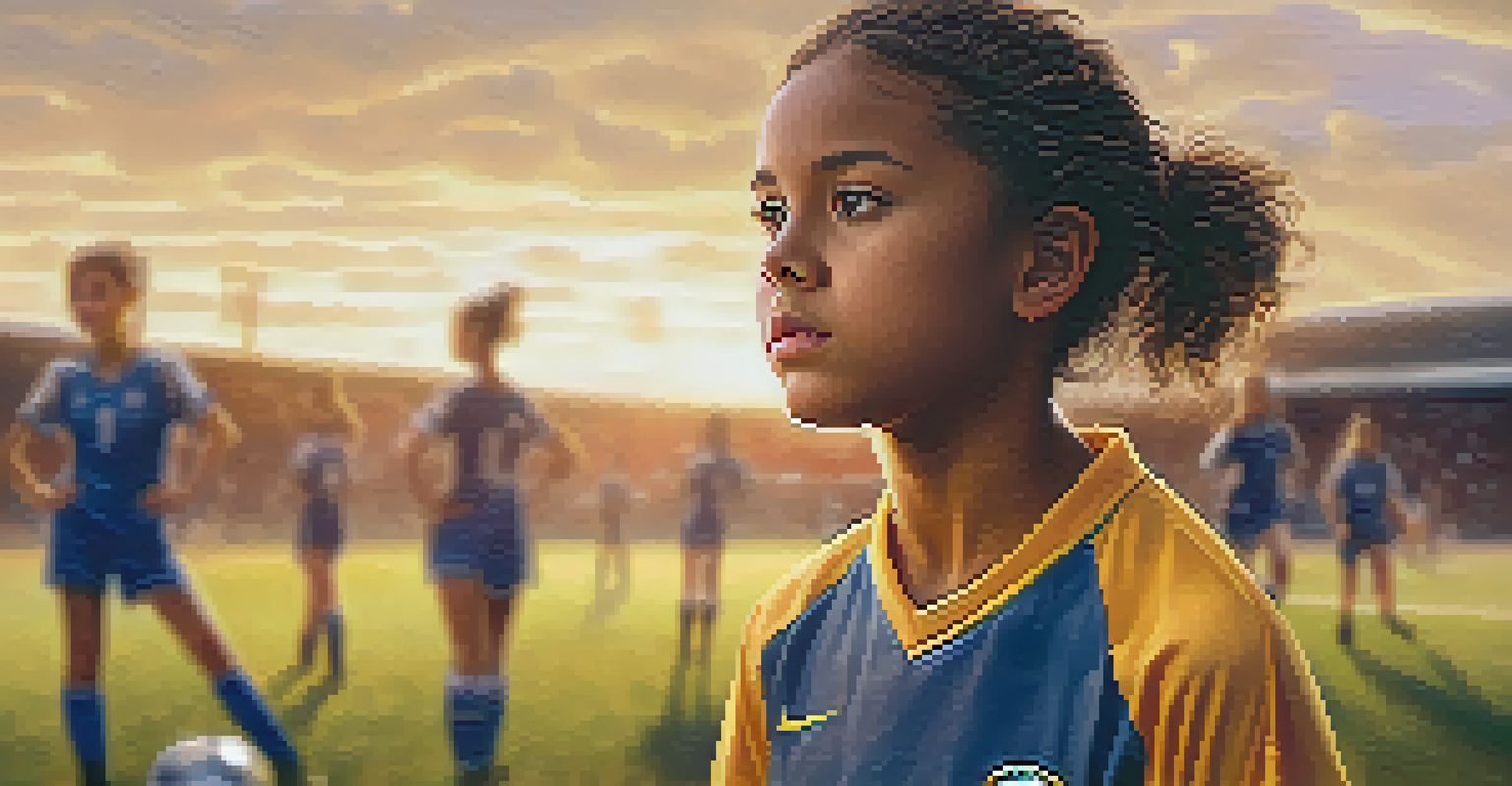 A young girl in a soccer jersey with a determined look, standing on the field with a soccer ball, illuminated by golden hour light.