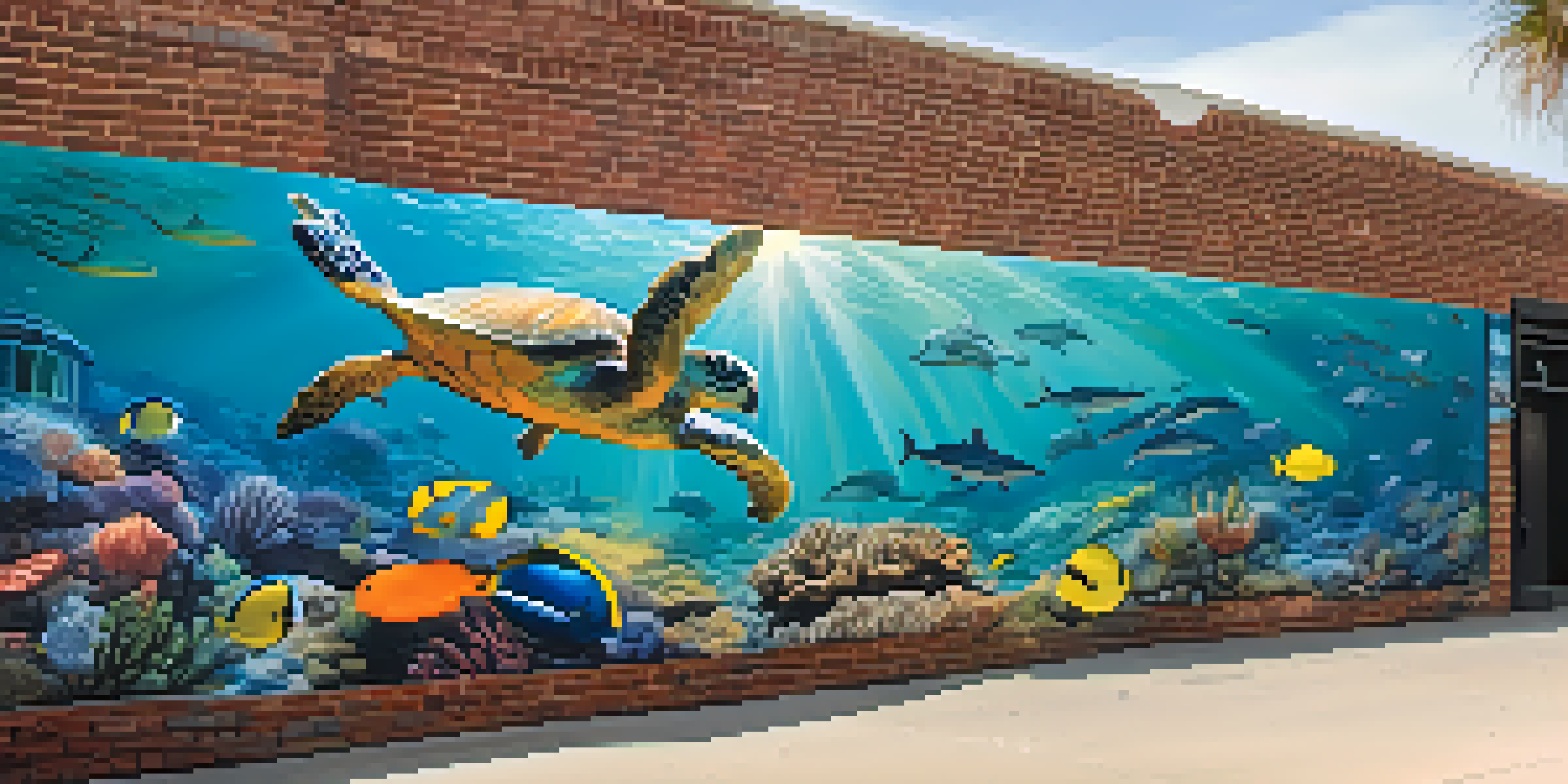 A colorful underwater mural with marine life painted on a brick wall in Santa Barbara, illuminated by sunlight.