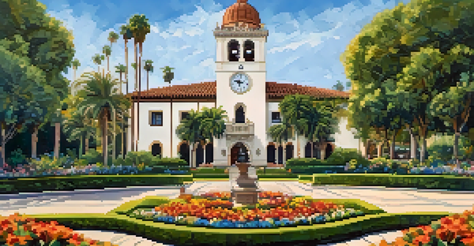 A panoramic view of Santa Barbara Courthouse featuring Spanish Colonial architecture, the clock tower, and lush gardens.